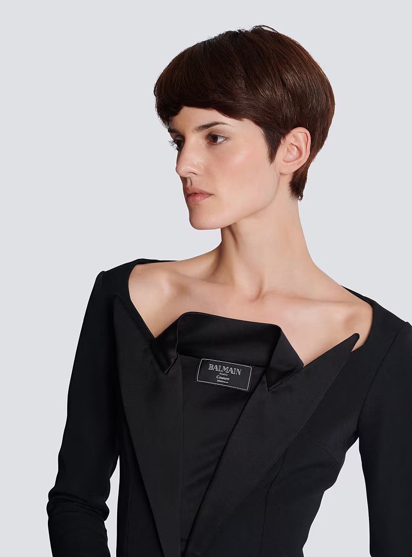 Balmain o1s1wg111225 Open Neck Double Collar Mini Dress in Black Size L / US 10 / IT 46 - 6 Thumbnail