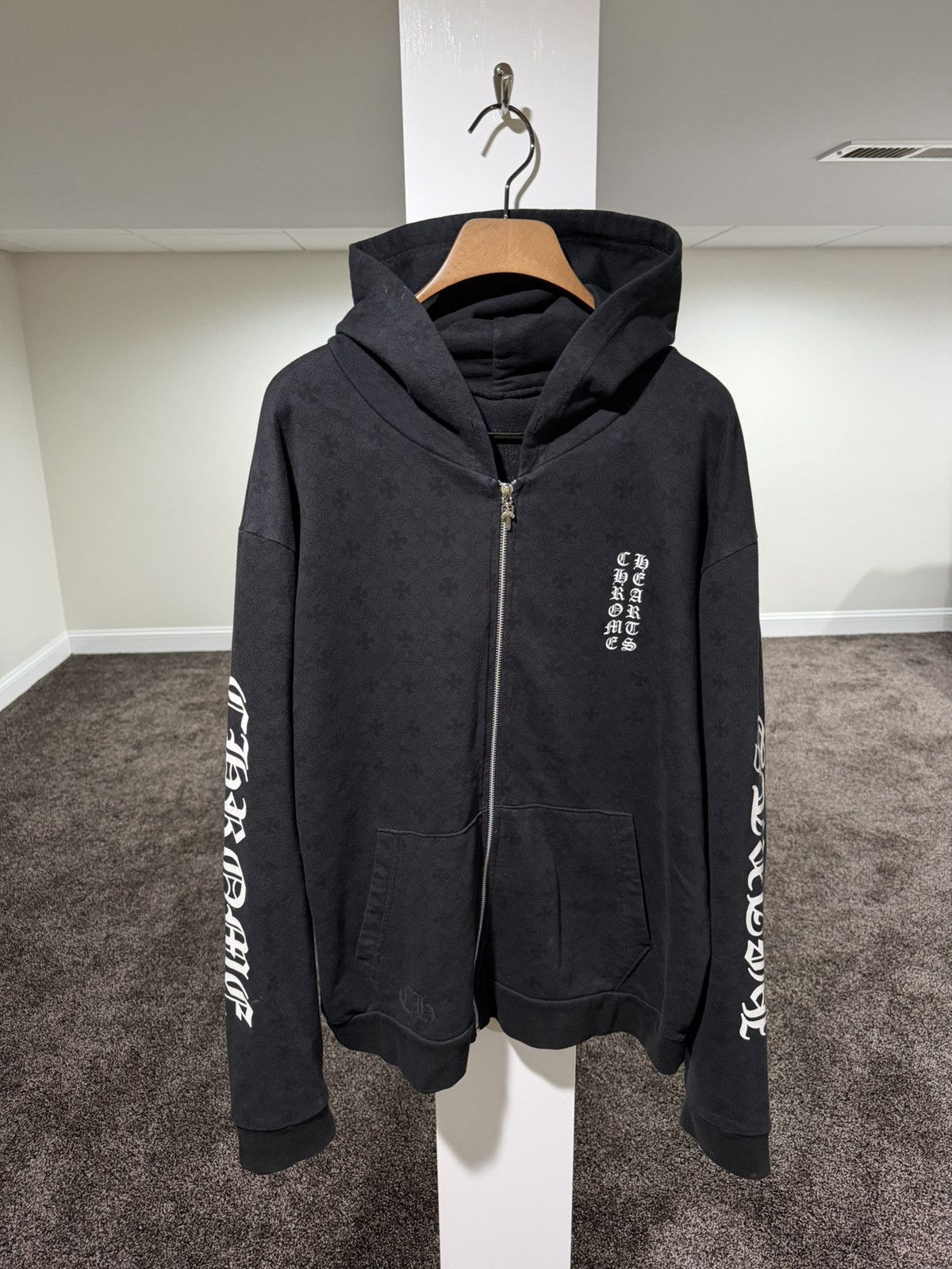Chrome Hearts Monogram Vertical Logo Zip Up Black Hoodie