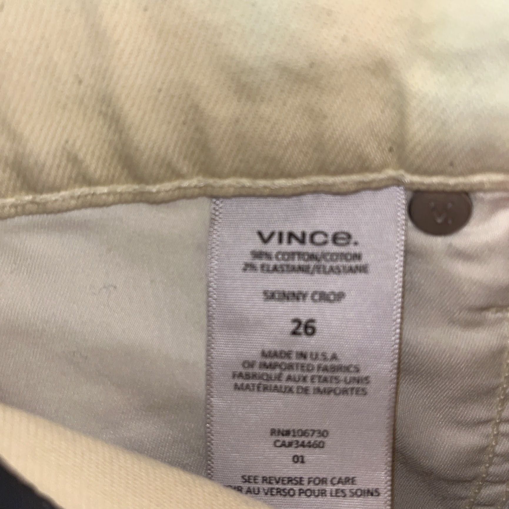 Vince Vince Womens Skinny Crop Jeans Size 26 Cotton Ivory Zipperless 2010s Women's Size 26" / US 2 / IT 38 - 6 Thumbnail