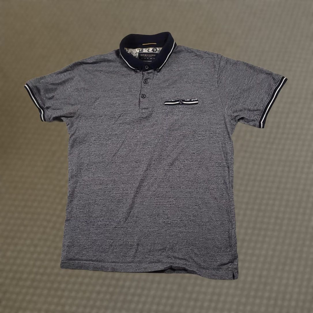 Vintage Denim & Flower Polo Shirt Mens M Gray Blue Slim Fit Short Sleeve Pocket Size US M / EU 48-50 / 2 - 1 Thumbnail
