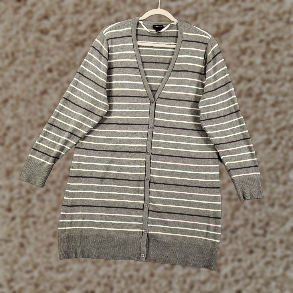 Torrid Torrid Cardigan Womens 2X Gray White Black Stripes Button Up Tunic Long Size XXL / US 16-18 / IT 52-54 - 1 Thumbnail