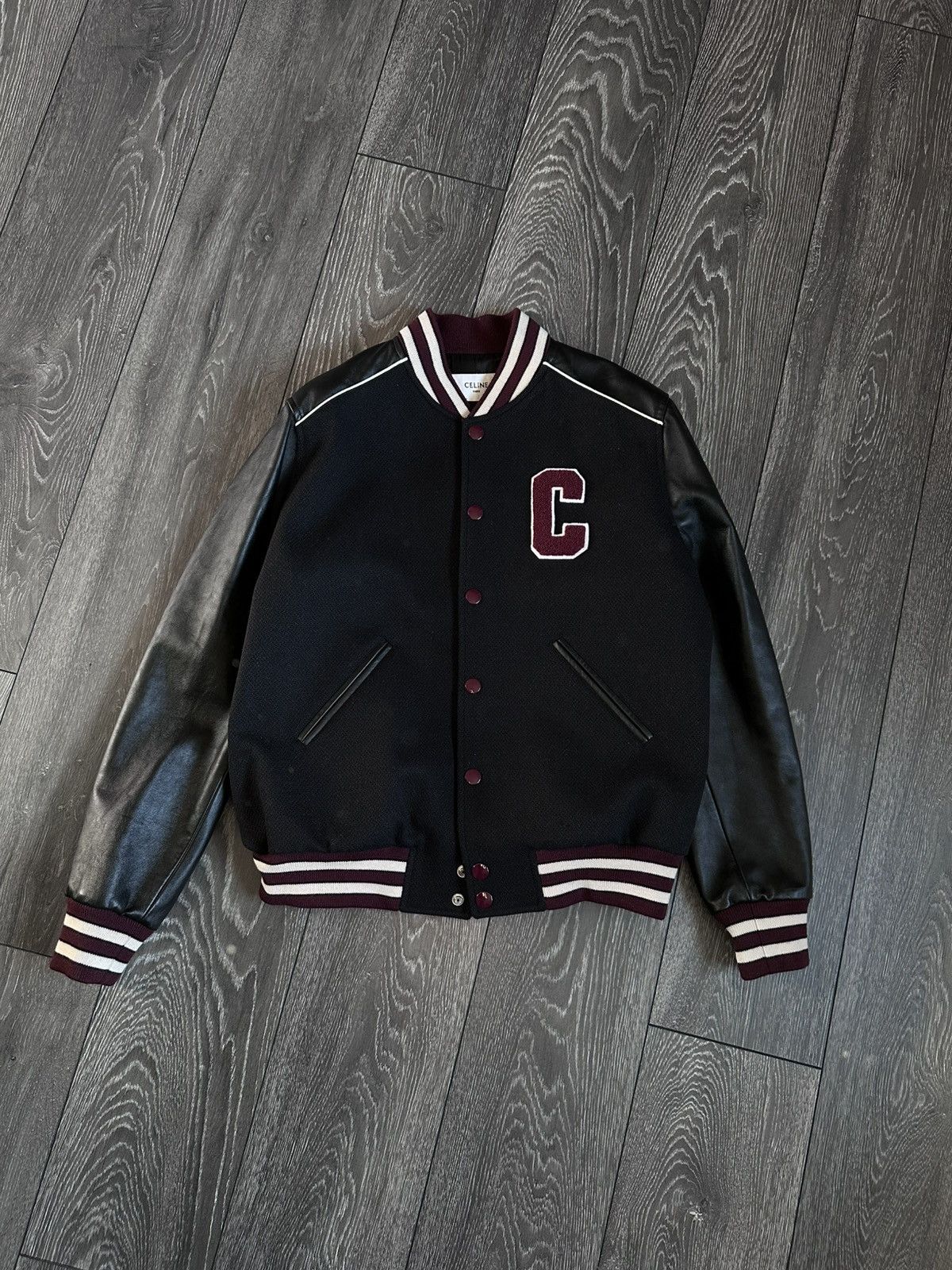 celine c logo wool and leather classic teddy varsity jacket
