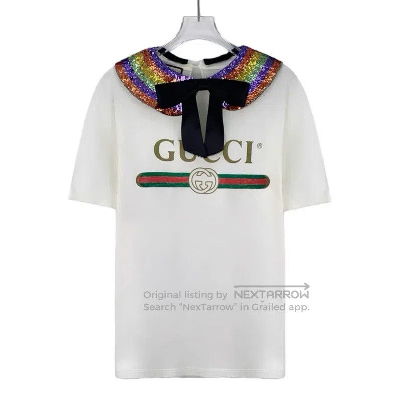 Gucci Gucci White rainbow sequin tie bow cotton short-sleeved T- Size XS / US 0-2 / IT 36-38 - 1 Thumbnail