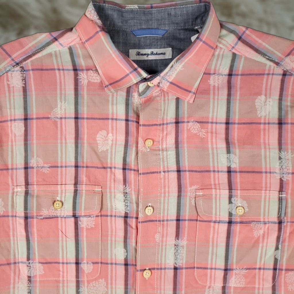 Tommy Bahama Tommy Bahama Shirt Large Pink Plaid Cotton Button-Up Short Sleeve Mens Aloha Size US L / EU 52-54 / 3 - 1 Thumbnail