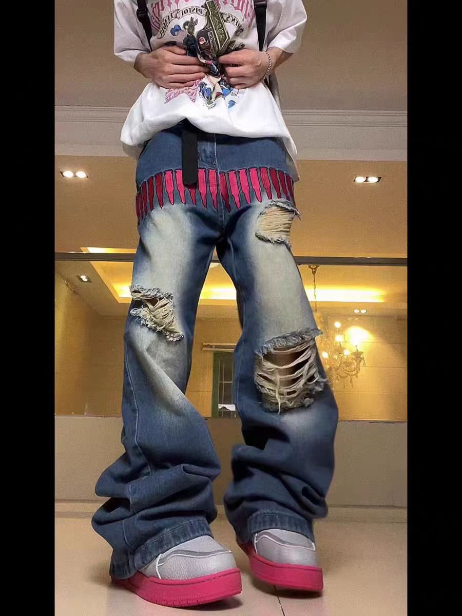 Japanese Brand Street hip hop bullet embroidery ripped wide leg jeans Size US 30 / EU 46 - 2 Thumbnail