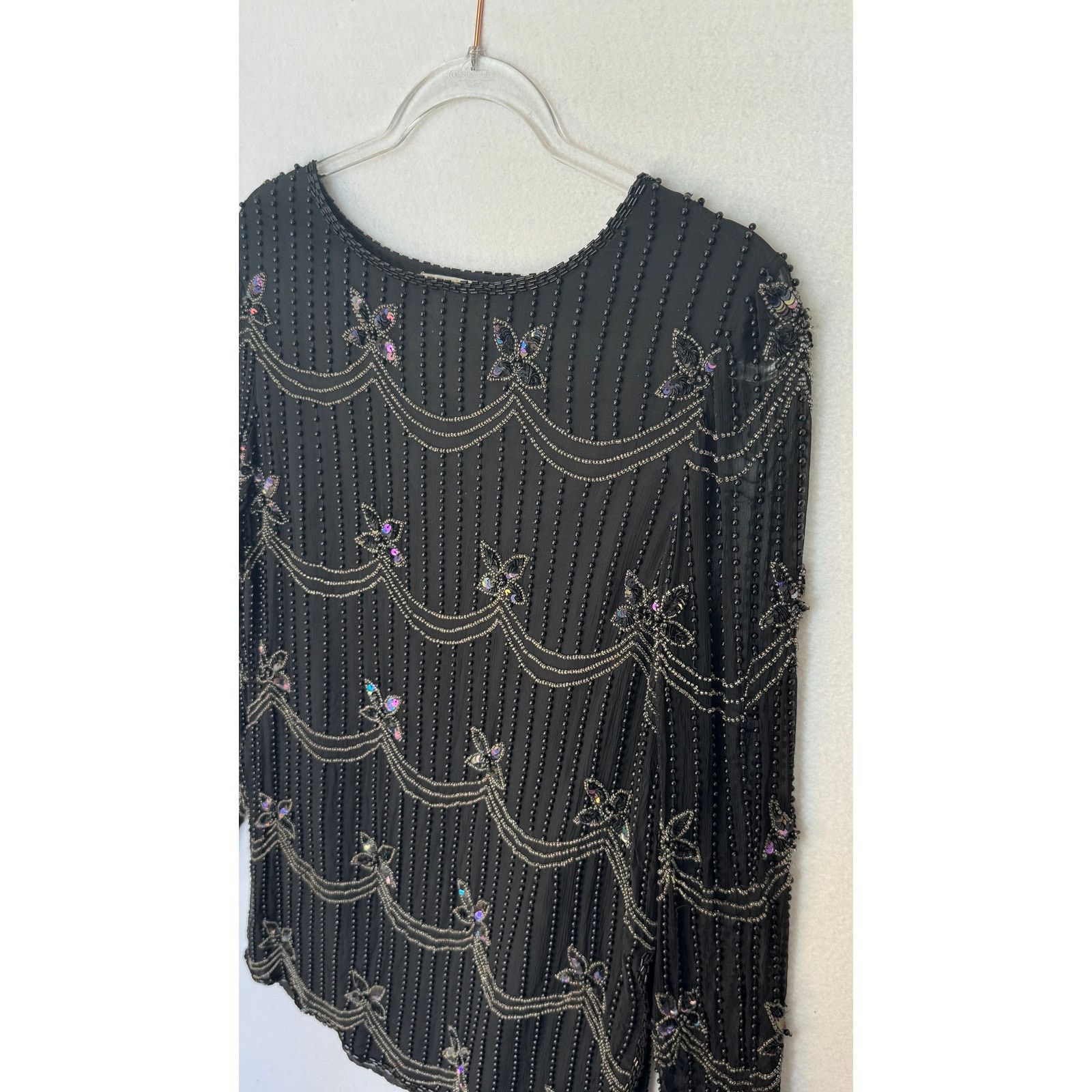 Vintage 1990s Papell Boutique Silk Beaded Sequin Top Black S/M Size S / US 4 / IT 40 - 13 Thumbnail