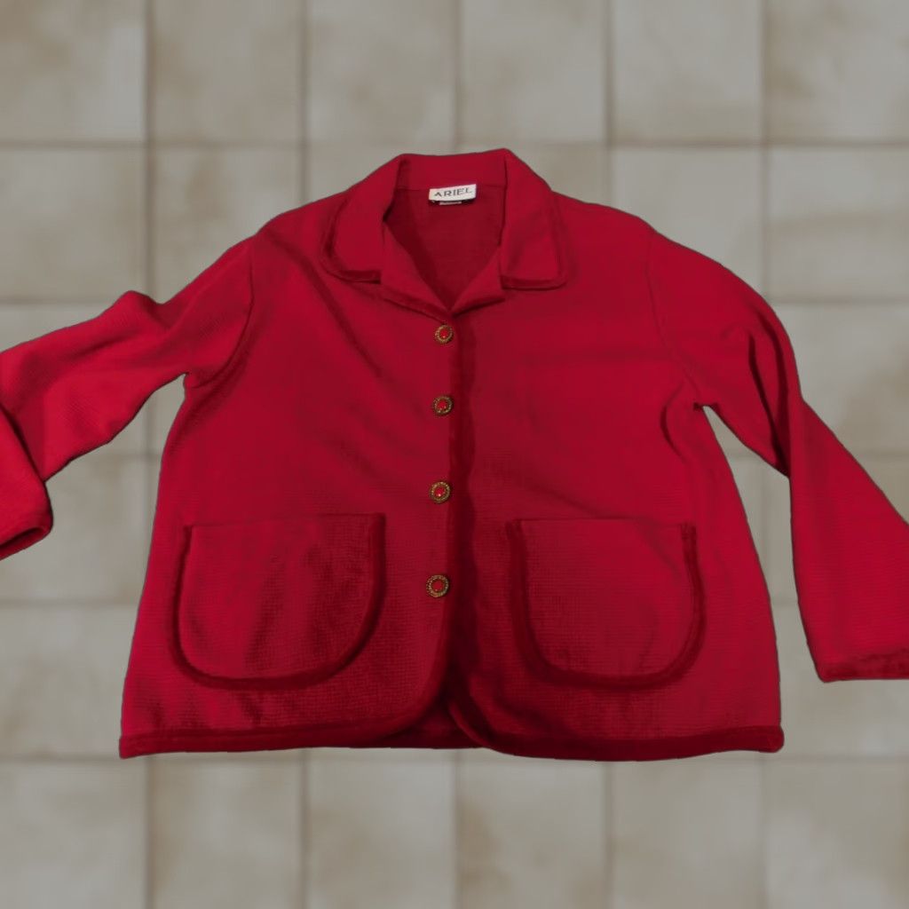 Vintage Ariel Jacket Womens Medium Red Button Down Cotton Knit with Pockets Embroidered Collared Basic Jacket Size M / US 6-8 / IT 42-44 - 1 Thumbnail
