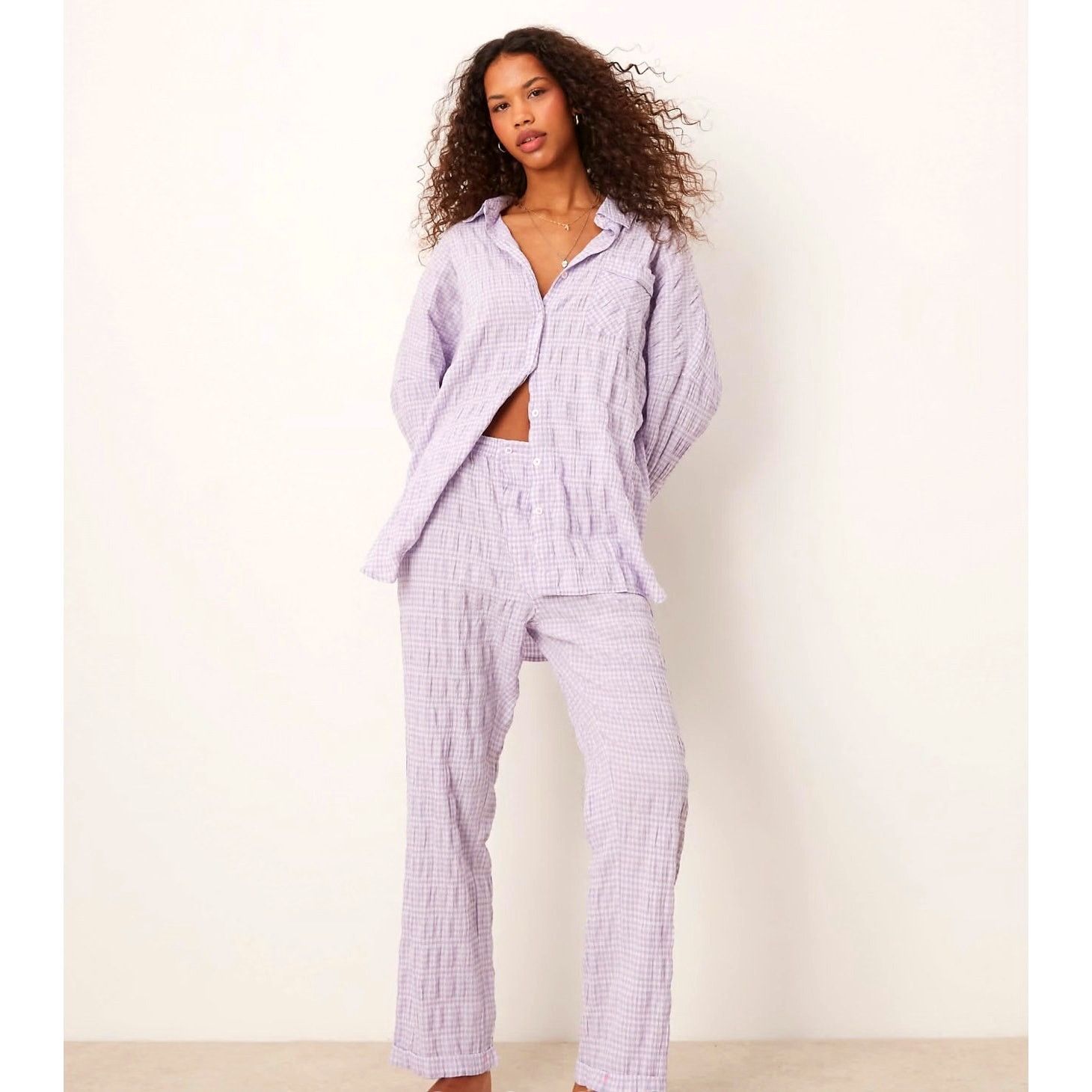 Free People Free People Textured Pajama Shirt Mini Dress in Lilac Medium Size M / US 6-8 / IT 42-44 - 4 Thumbnail