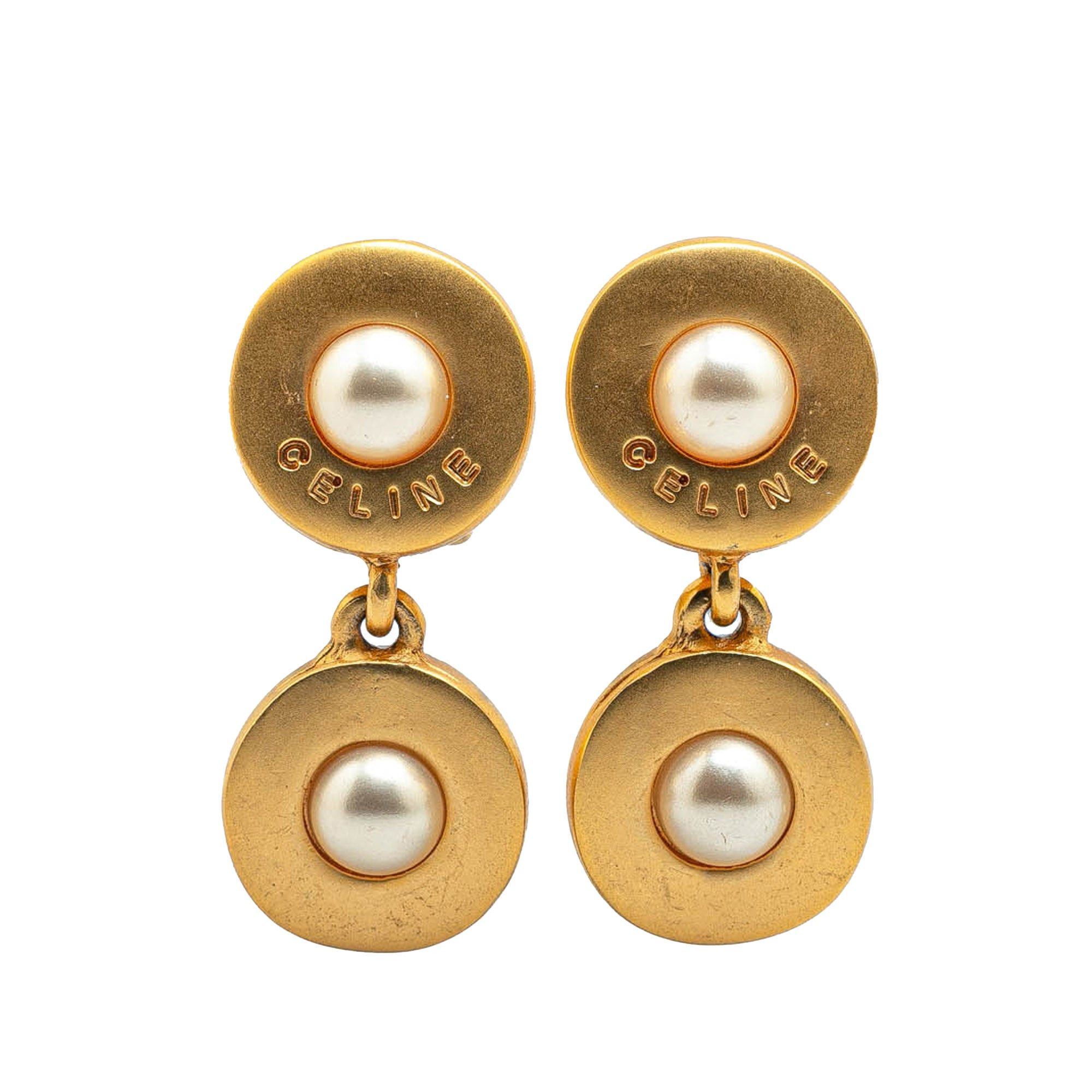 Celine Celine Gold Plated Faux Pearl Drop Clip On Earrings Gold Size ONE SIZE - 1 Thumbnail