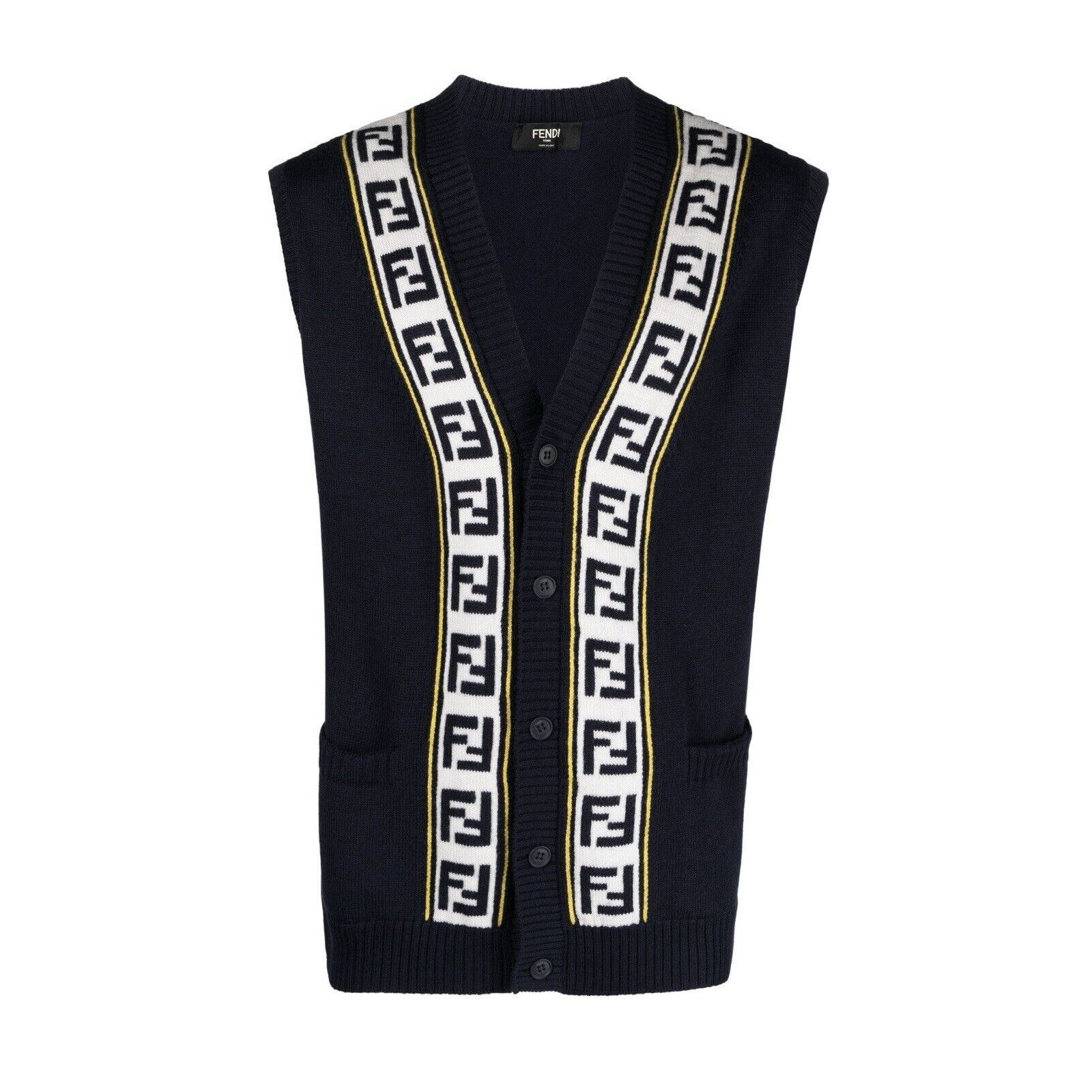 Fendi NWT Fendi Logo Intarsia Button-Up Vest Sweater Blue FF Virgi Size US M / EU 48-50 / 2 - 1 Thumbnail