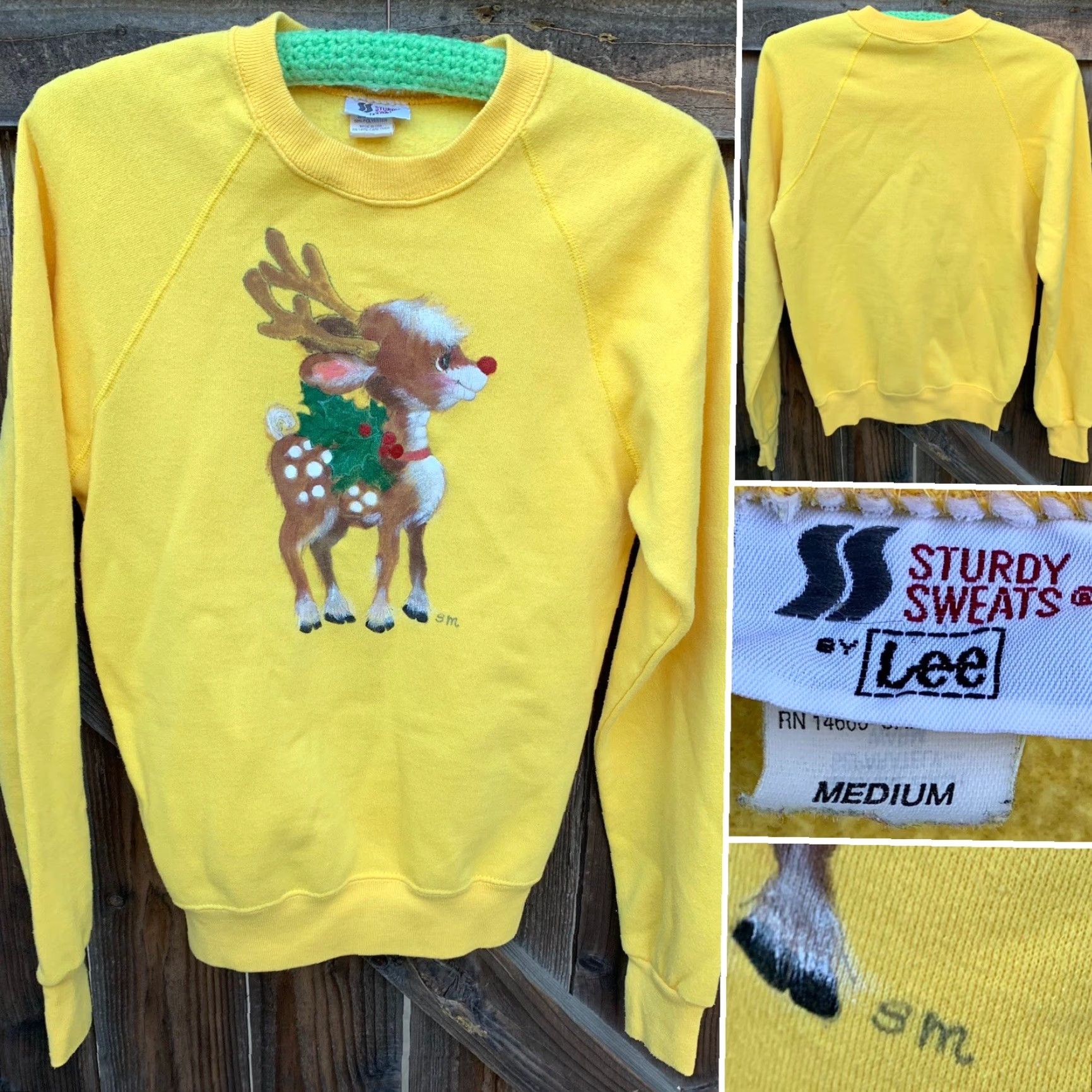 Lee VINTAGE Lee Sweatshirt Reindeer Christmas Yellow M Men Crew Neck Long Sleeve Graphic Print Pullover Raglan 80s 90s Holiday Art Size US M / EU 48-50 / 2 - 7 Thumbnail
