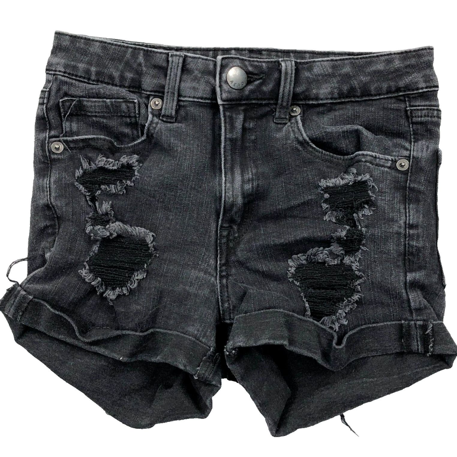 Vintage Aero Shorts Women 6 Black Cut Off High Rise Midi Rolled Cuff Distressed Jorts Size 28" / US 6 / IT 42 - 2 Thumbnail