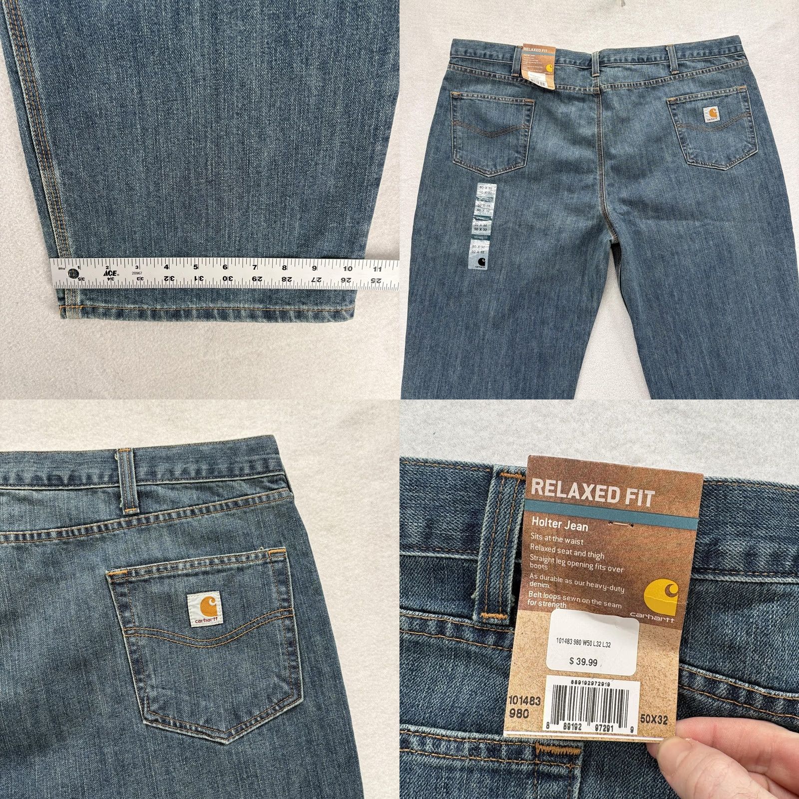 Carhartt VINTAGE Carhartt Holter Jeans Mens 50x32 Blue Medium Wash Relaxed Straight Denim NWT Size US 34 / EU 50 - 8 Thumbnail