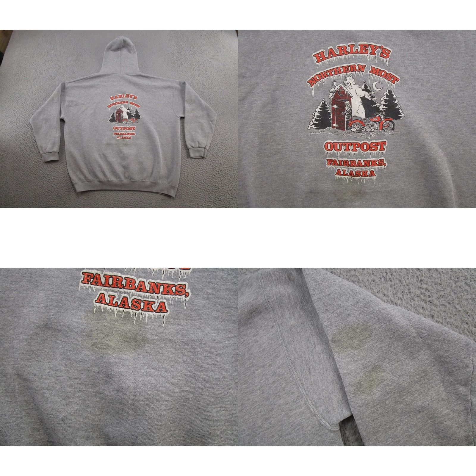 Harley Davidson VINTAGE Harley-Davidson Pullover Hoodie Mens Gray 90s Alaska Graphic Print Hooded Pockets Crew Neck Size L Size US L / EU 52-54 / 3 - 9 Thumbnail