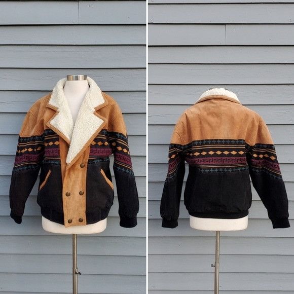 image of Vintage 90's Y2K Tan Black Suede Leather Aztec Sherpa Bomber, Women's (Size Small)