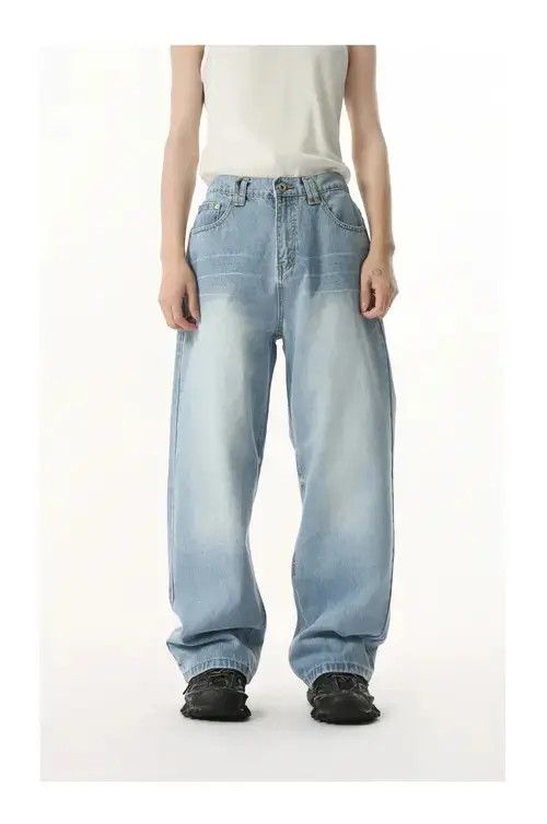 Jean Japanese retro washed elastic waist straight loose jeans Size US 32 / EU 48 - 8 Thumbnail