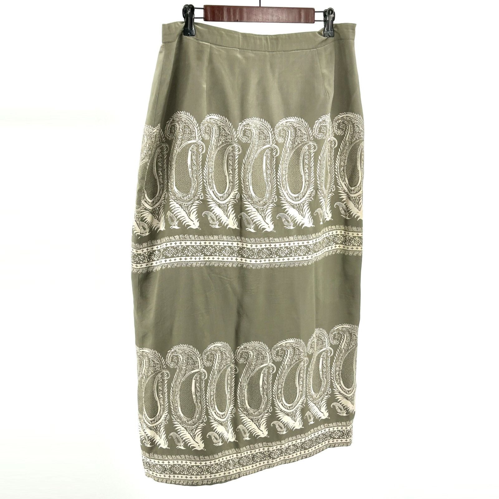Halston Dusty Sage 100% Silk Paisley Fully Lined Maxi Wrap Skirt Size 36" / US 14 / IT 50 - 4 Thumbnail