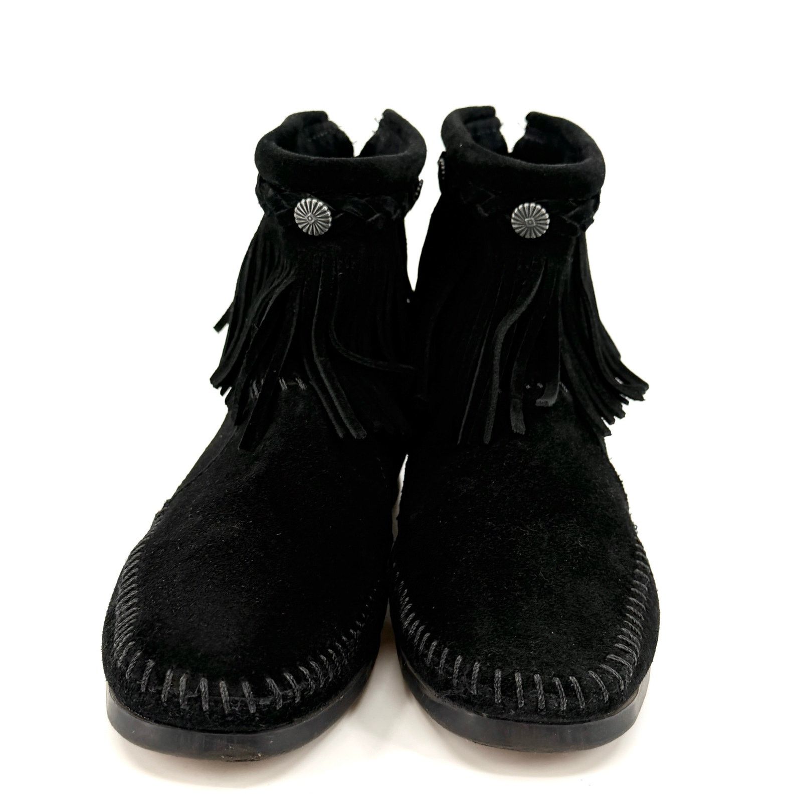Minnetonka Black Genuine Leather Fringe Back Zip Moccasin Booties Size US 5.5 / IT 35.5 - 4 Thumbnail