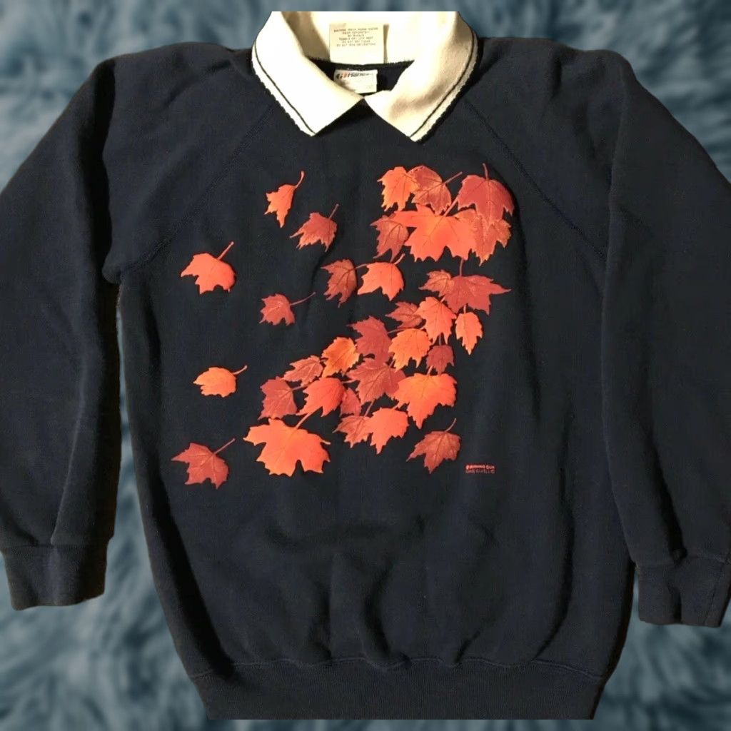 Vintage VINTAGE 80s Leaves Puff Print Collared Sweatshirt M Hanes USA 90s Wildlife Vaporwave Morning Sun Blue Mens Sweatshirt Crew Long Sleeve Size US M / EU 48-50 / 2 - 1 Thumbnail