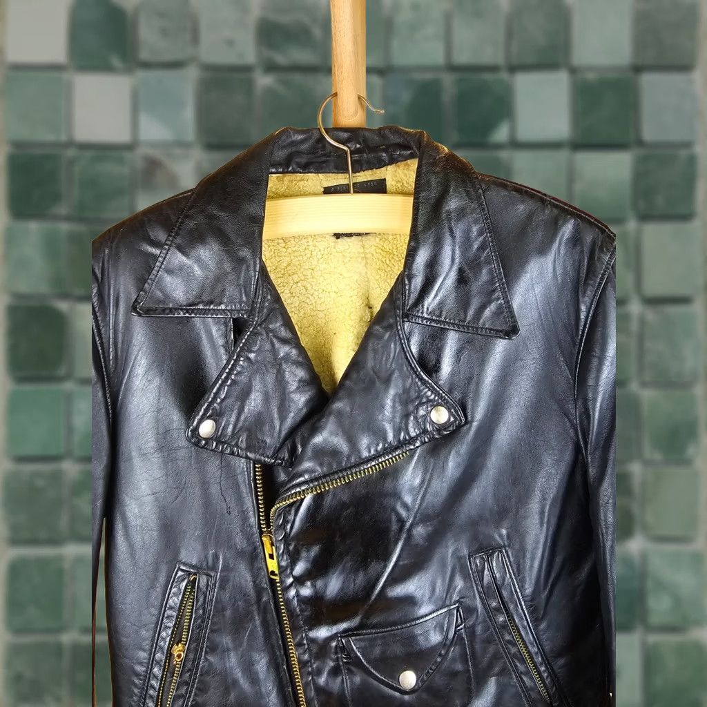 Golden Bear VINTAGE GOLDEN BEAR SHERPA SHEEPSKIN LINING MOTORCYCLE LEATHER JACKET SZ 40 BLACK Mens Jacket 60's Cross Shoulder 19in Cross Chest 23in Size US XXS / EU 40 - 1 Thumbnail