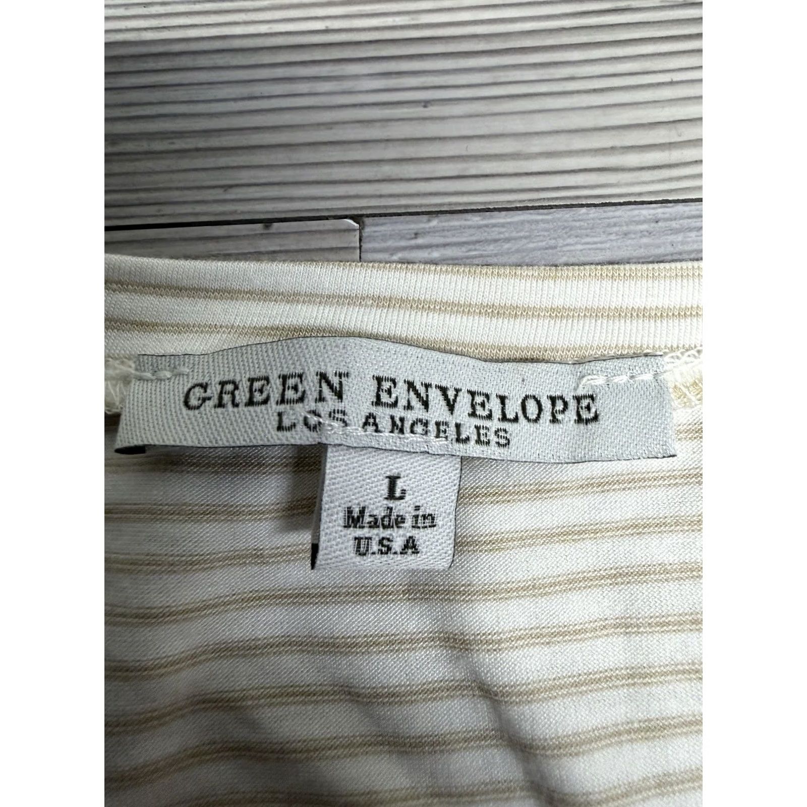 Vintage Green Envelope Womens V-Neck Striped Top Beige Lightweight Knit Rayon Spandex Tee Shirt Size L USA就 Size L / US 10 / IT 46 - 4 Thumbnail