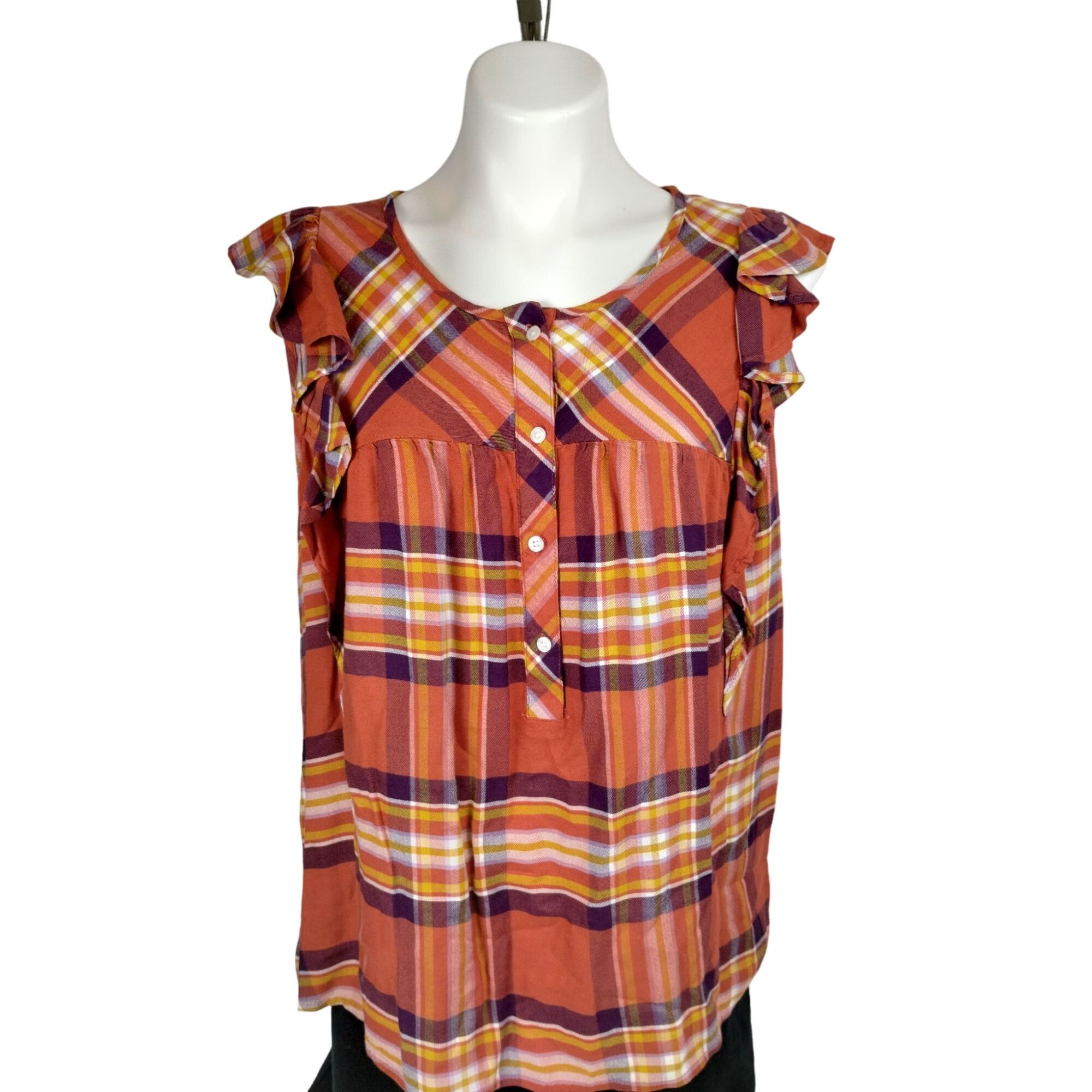 Other Time and Tru Womens XXL Orange and Yellow Plaid Ruffle Sleev Size XXL / US 16-18 / IT 52-54 - 1 Thumbnail