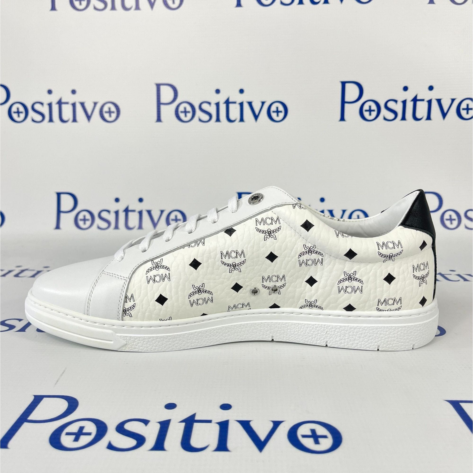 image of MCM Terrain Derby Visetos White Leather Low Top Sneakers, Men's (Size 11)