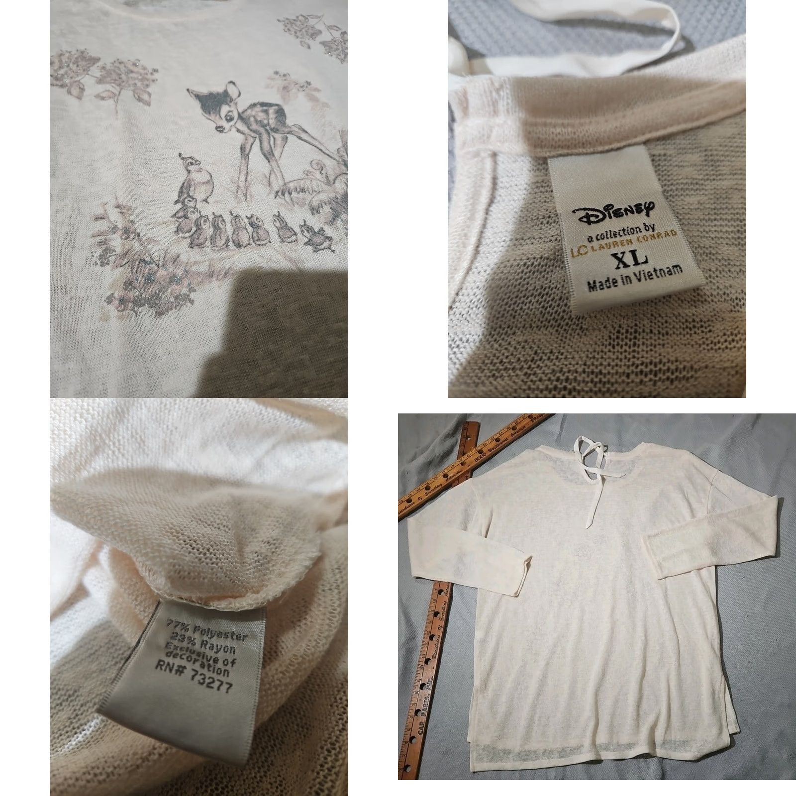 Disney Disney Lauren Conrad Shirt Womens XL Beige Bambi Graphic Print Knit Tie Neck Pullover sweater Size XL / US 12-14 / IT 48-50 - 8 Thumbnail