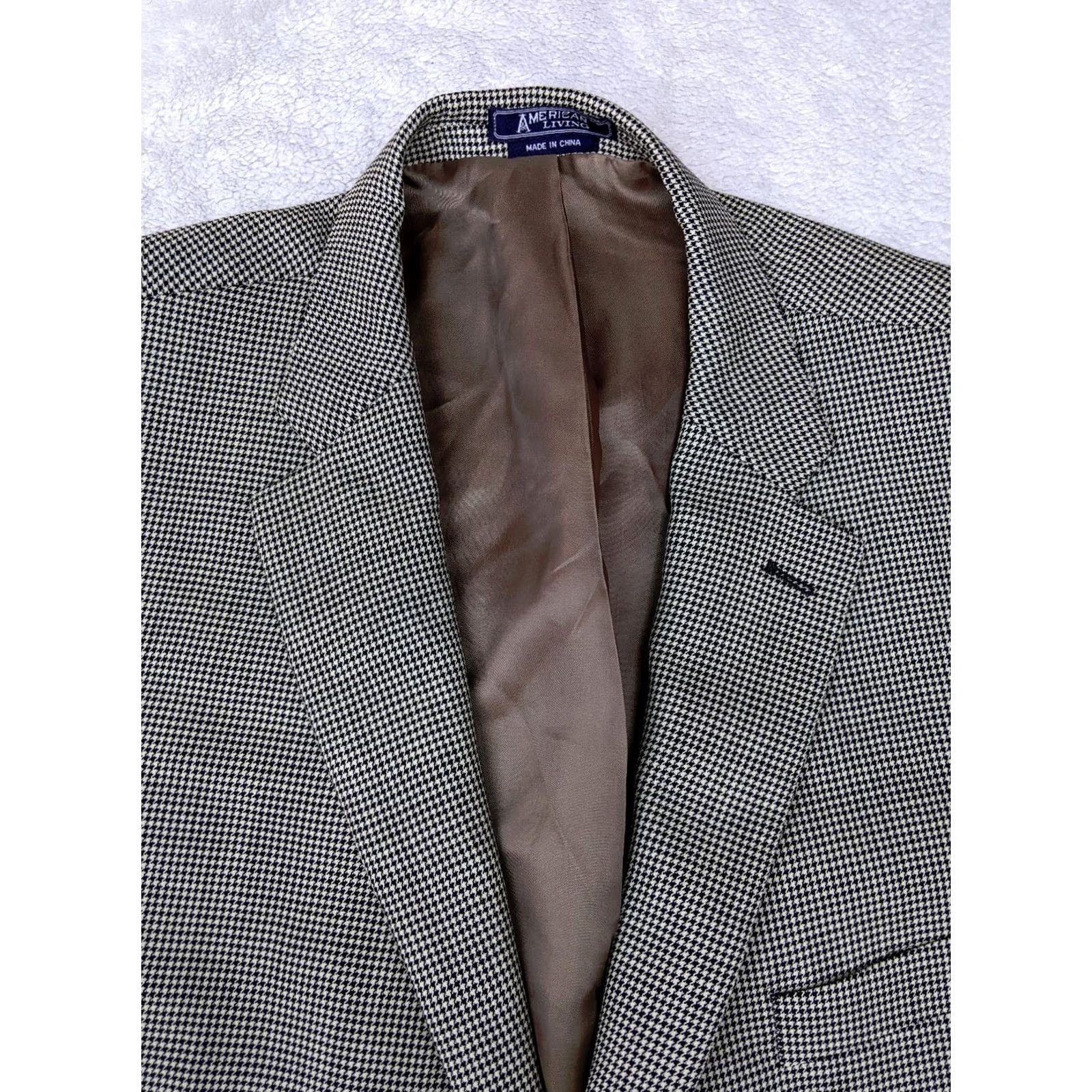 Vintage American Living Blazer Jacket Men 2 Button Houndstooth Wool 100% Notch Lapel Gray 42R Slim Regular Vintage? Size 42R - 5 Thumbnail