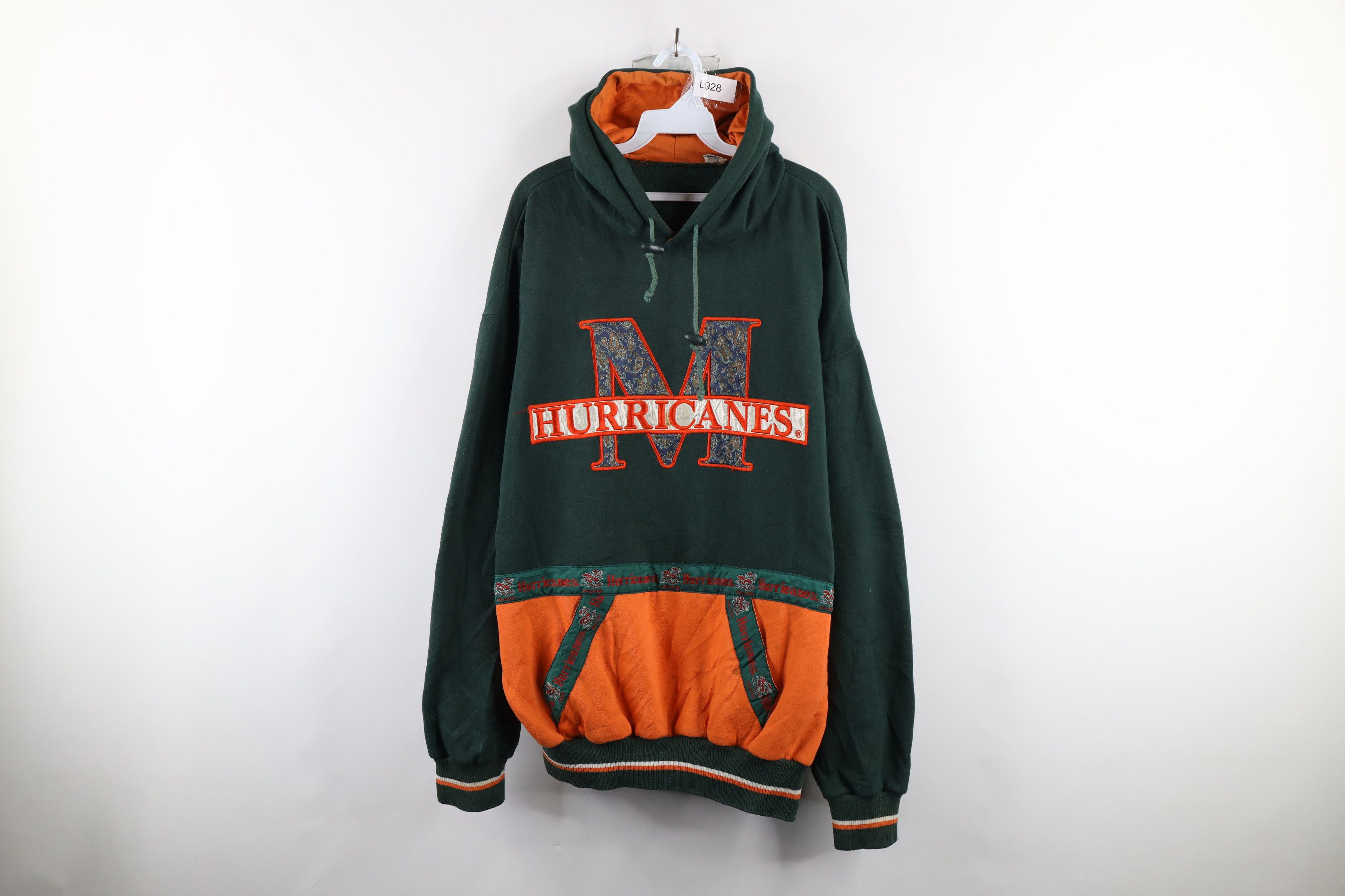 image of Vintage 90's Spell Out University Of Miami Hoodie Sweatshirt, Men's (Size 2XL)