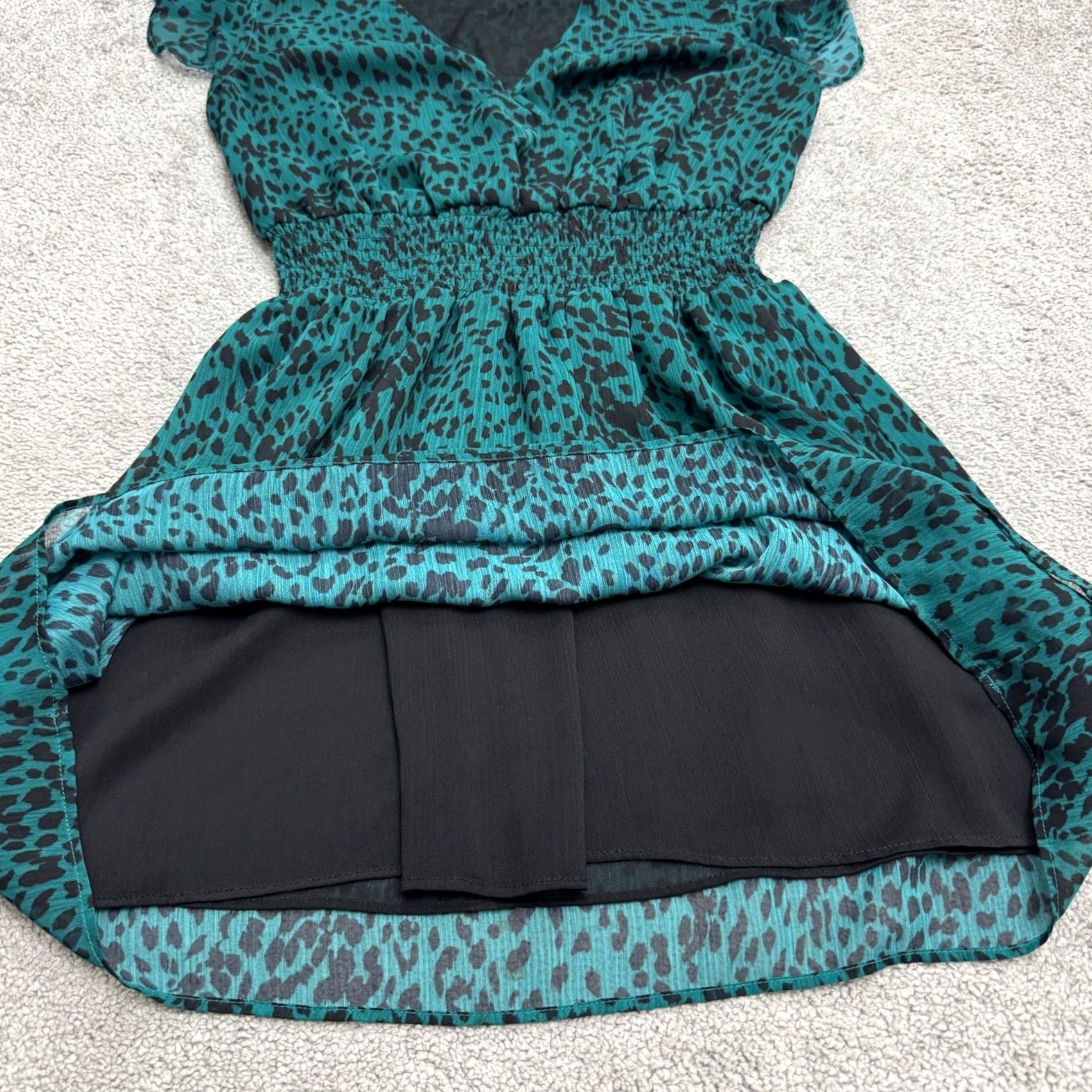 AQUA Aqua Leopard Animal Print Smocked A-Line Mini Dress Womens Small Teal Black Shirt? Size S / US 4 / IT 40 - 4 Thumbnail