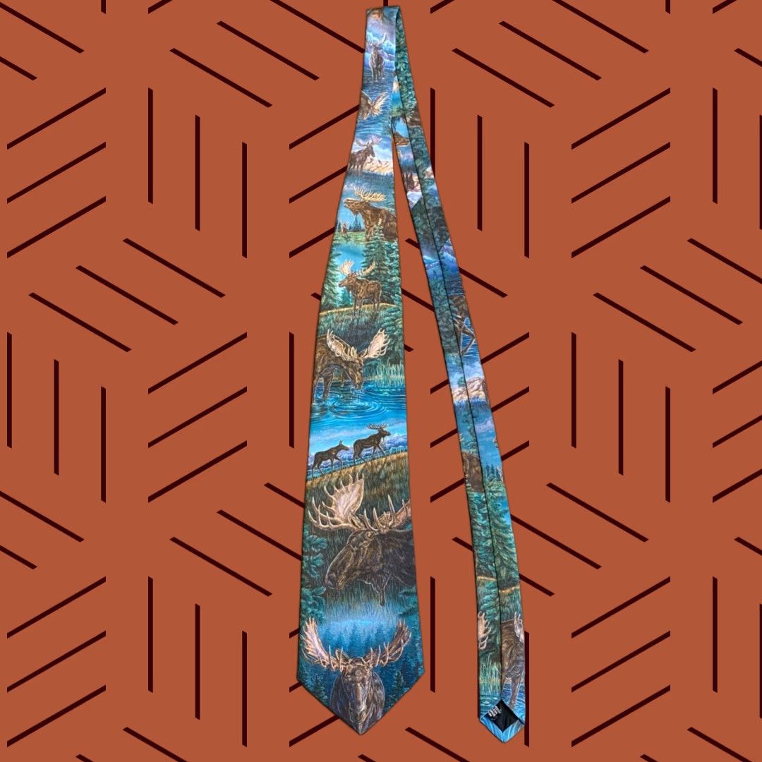 Vintage D'em Crazy Moose Woodland Lake Scene Neck Tie 3.6" Wide - Blue Polyester Men's Tie Size ONE SIZE - 1 Thumbnail