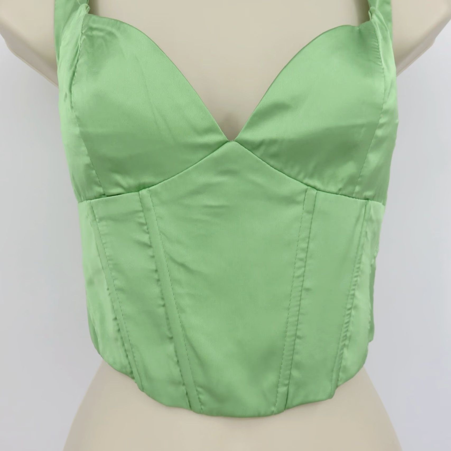PRINCESS POLLY Princess Polly Women Tank Top Cropped Sweetheart Corset Zip Green 8 US Satin Polyester Casual Knits No N/A Size M / US 6-8 / IT 42-44 - 3 Thumbnail