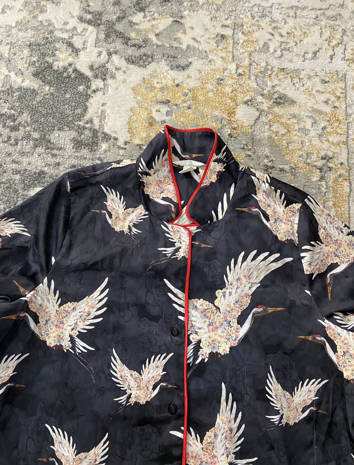 H&M KIMONO CRANES BIRDS BLOUSE PYJAMA SHIRT SILK Size L / US 10 / IT 46 - 4 Thumbnail