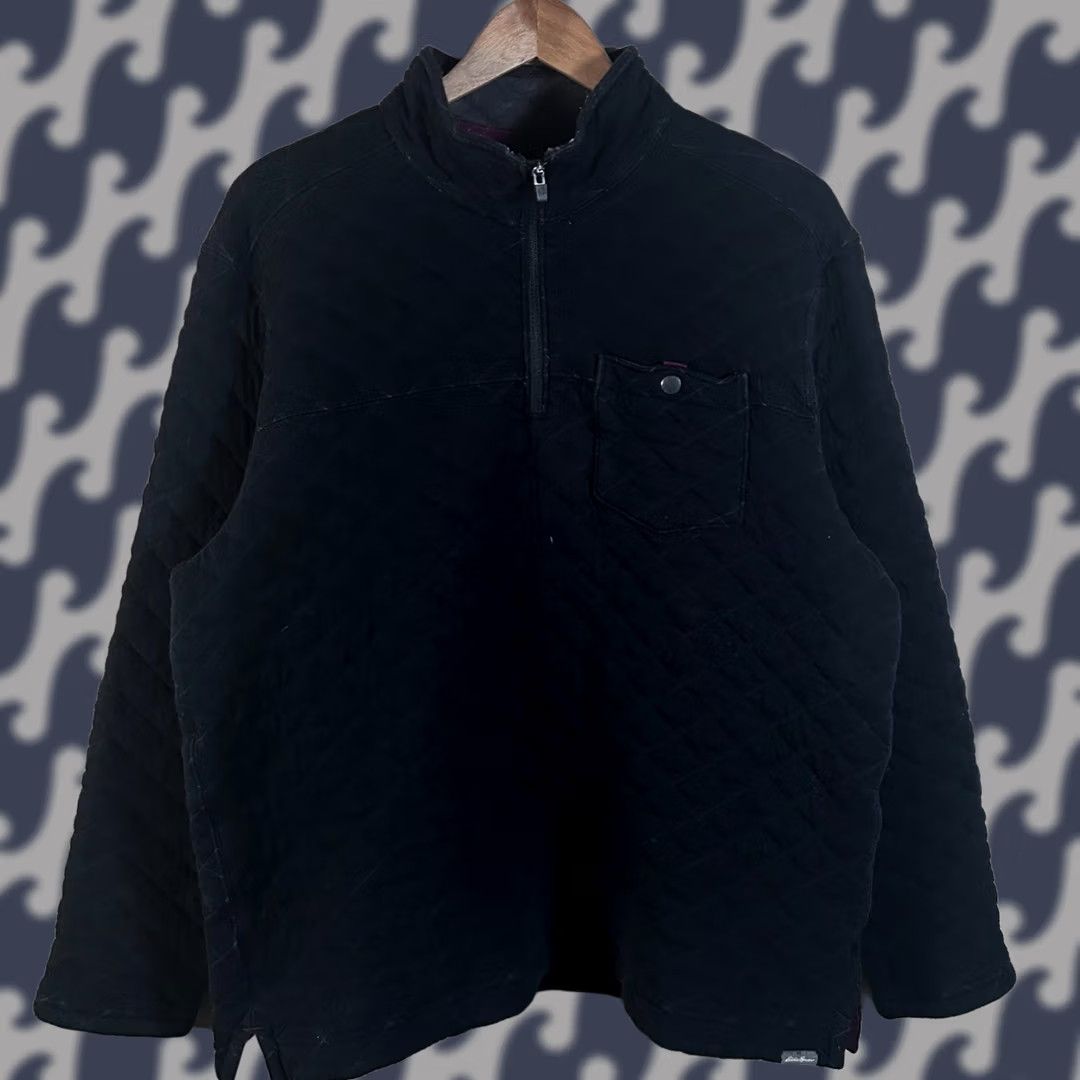 Eddie Bauer Eddie Bauer Mens Black Quilted Sweater Pullover Large Diamond Stitch Quarter Zip Size US L / EU 52-54 / 3 - 1 Thumbnail