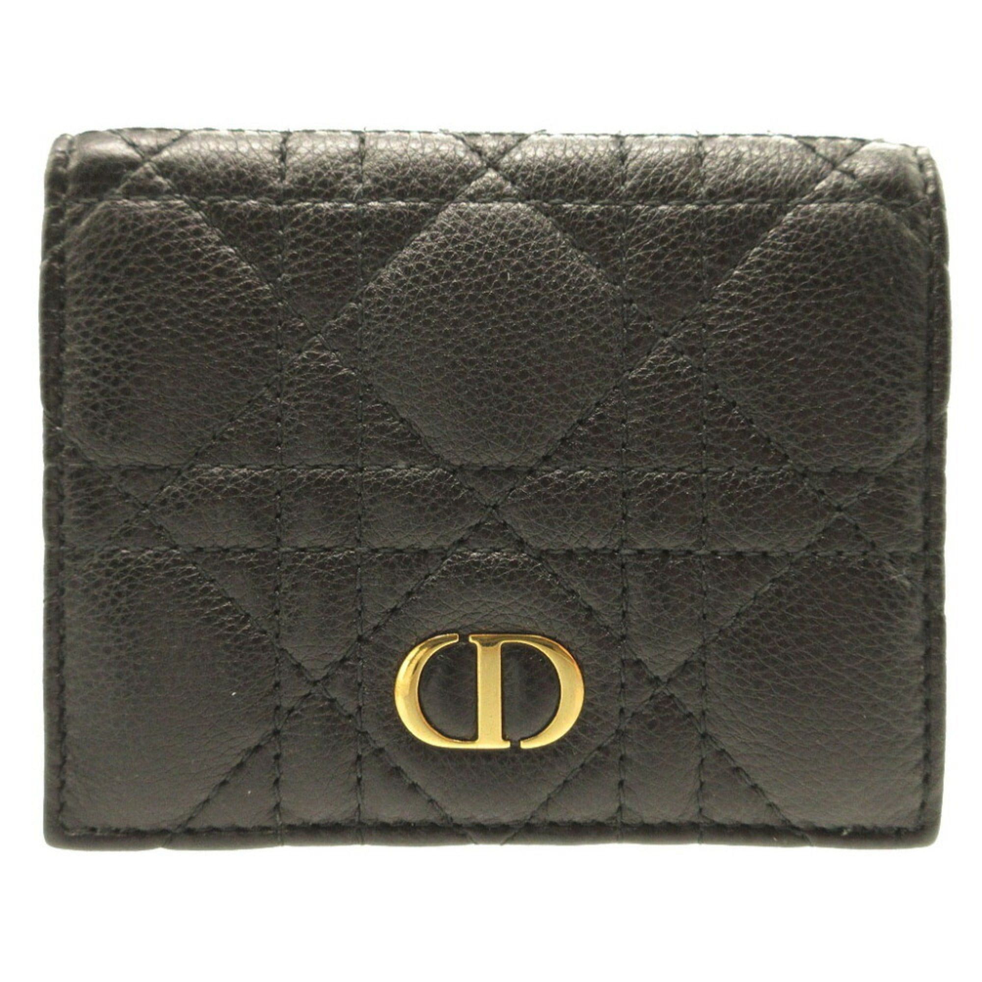 image of Christian Dior Lady Caro Leather Black Gray Bifold Wallet, Women's