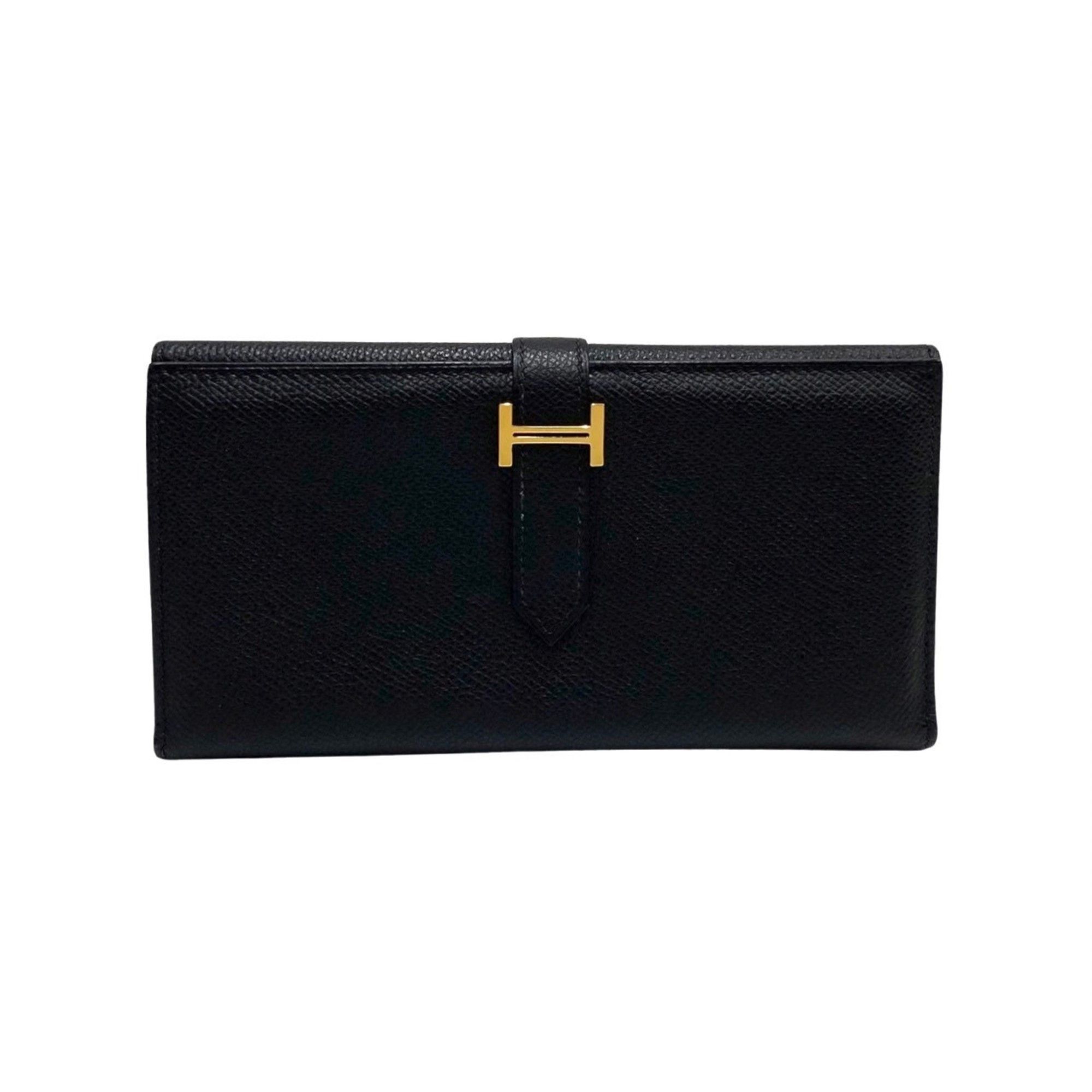 Hermes HERMES Bearn Box Calf Leather Genuine Long Wallet Bifold Black