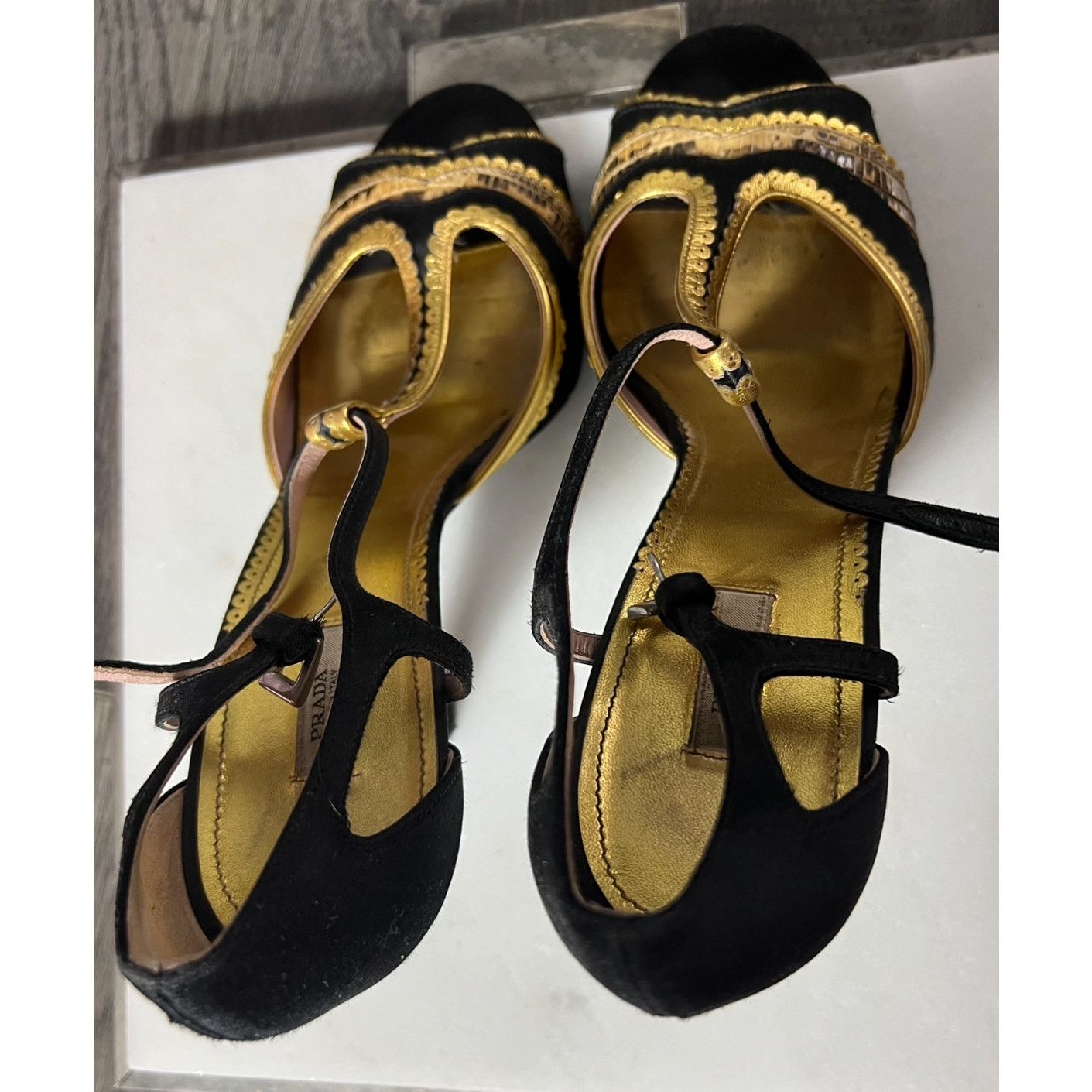 Prada Prada Sandals black satin gold python heels 40.5 10.5 Size US 10.5 / IT 40.5 - 9 Thumbnail