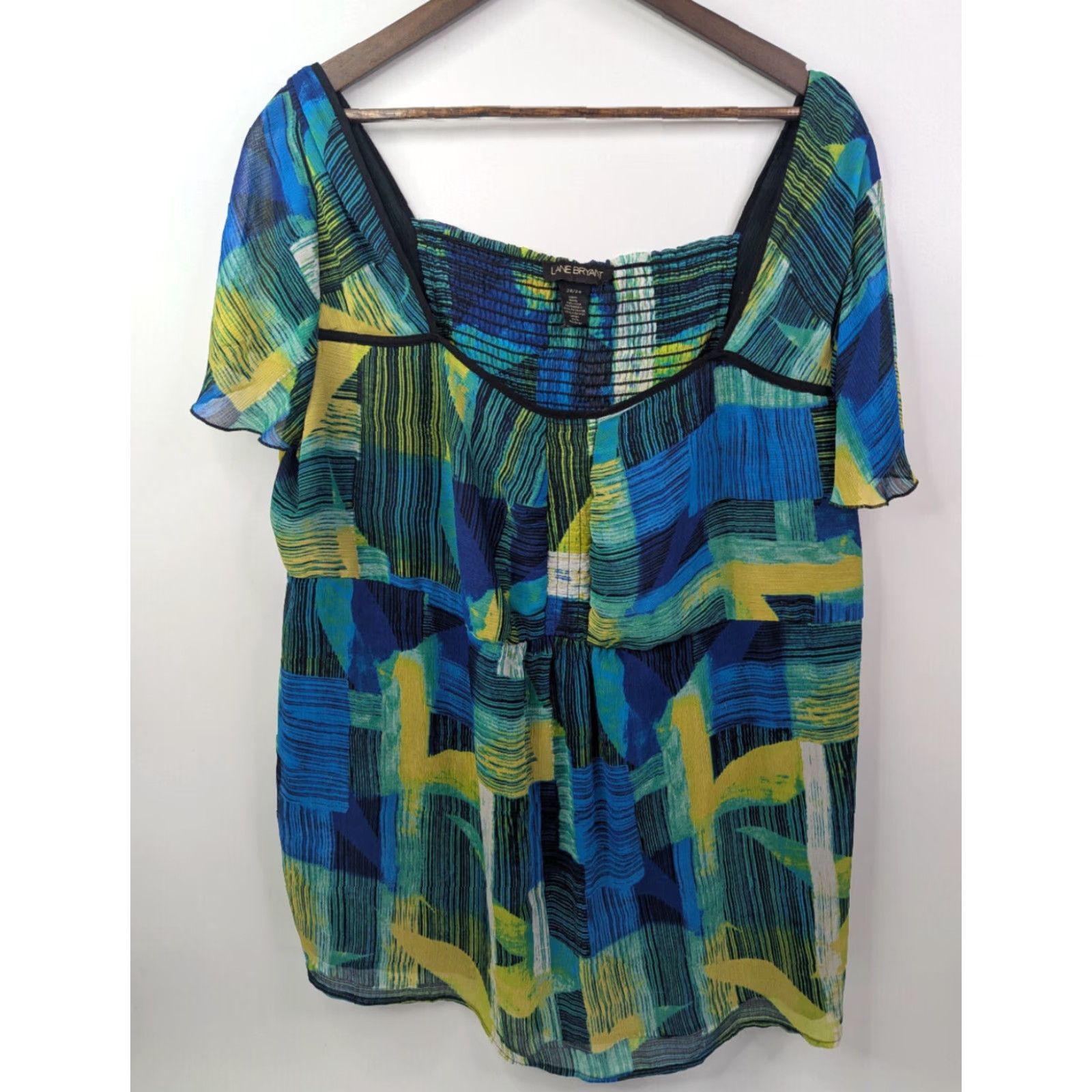 Vintage Lane Bryant Blouse Shirt Women Plus 26/28 Green Blue Short Sleeve Pullover Casual Floral Pattern Size 4XL / US 24-26 - 2 Thumbnail