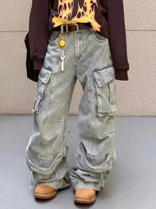 image of Heavy Design Large Pocket Workwear Draped Wide Leg Jeans in Vintage Blue, Men's (Size 32)