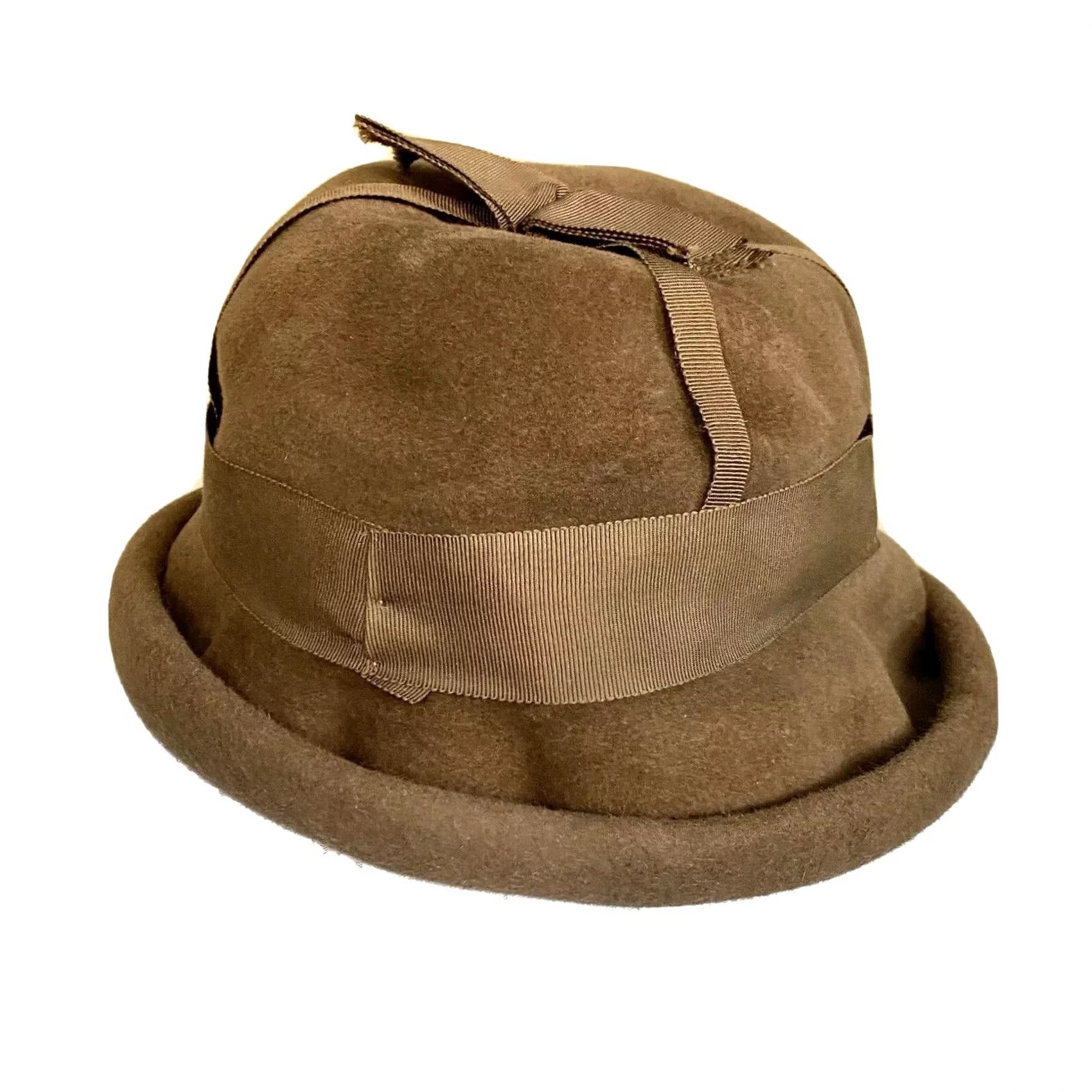 Velour VINTAGE Shari Qualite 40s Womens Hat Cloche Velour Brown Made Italy Ribbon Detail Mens? Womens Size ONE SIZE - 4 Thumbnail
