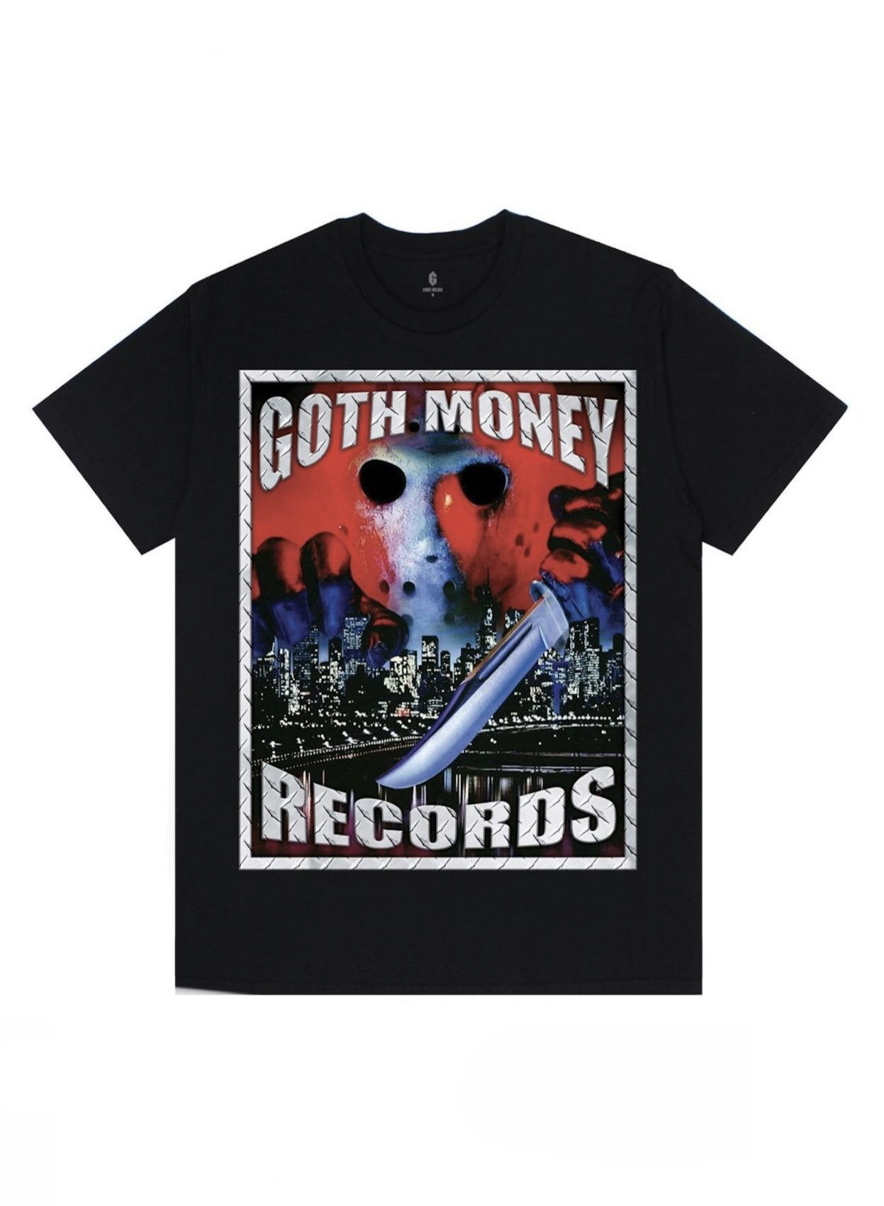 image of Fuck The Population x Goth&money New Goth Money Records Jason Logo Halloween Rap Tee Shirt in Black