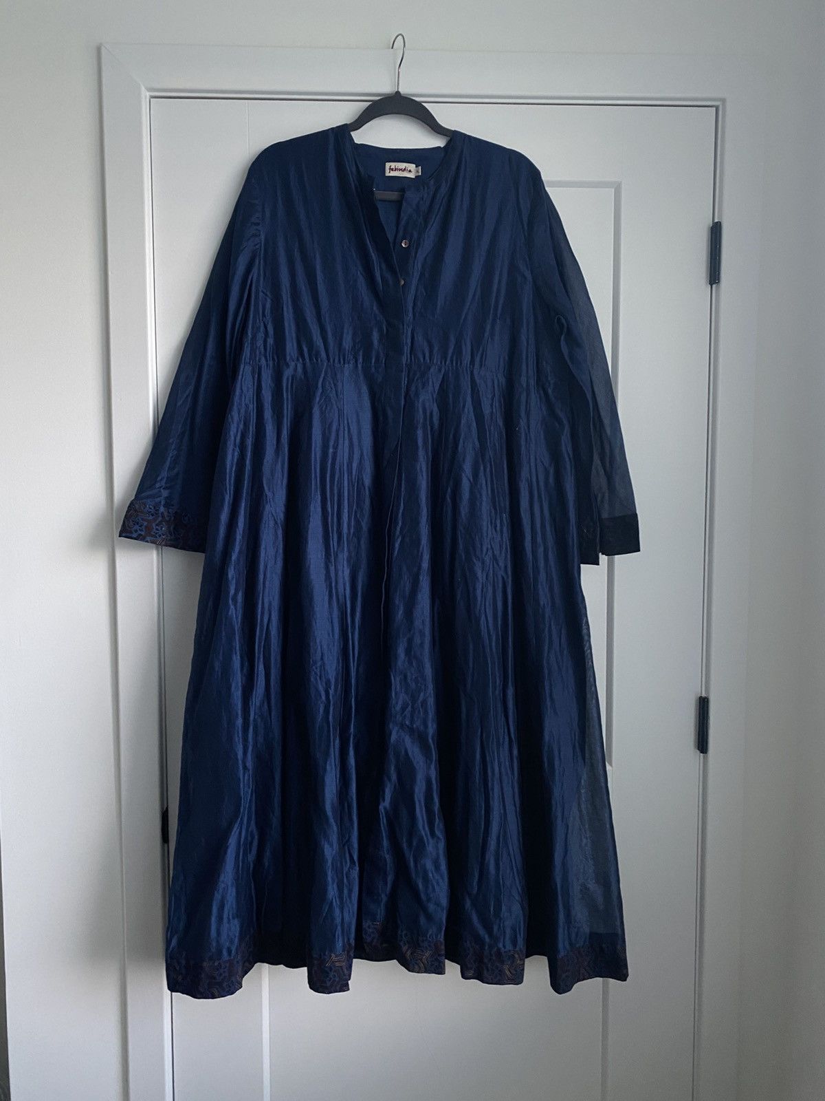 Fabindia XL Maxi Cotton Silk Button Front printedBlue Dress