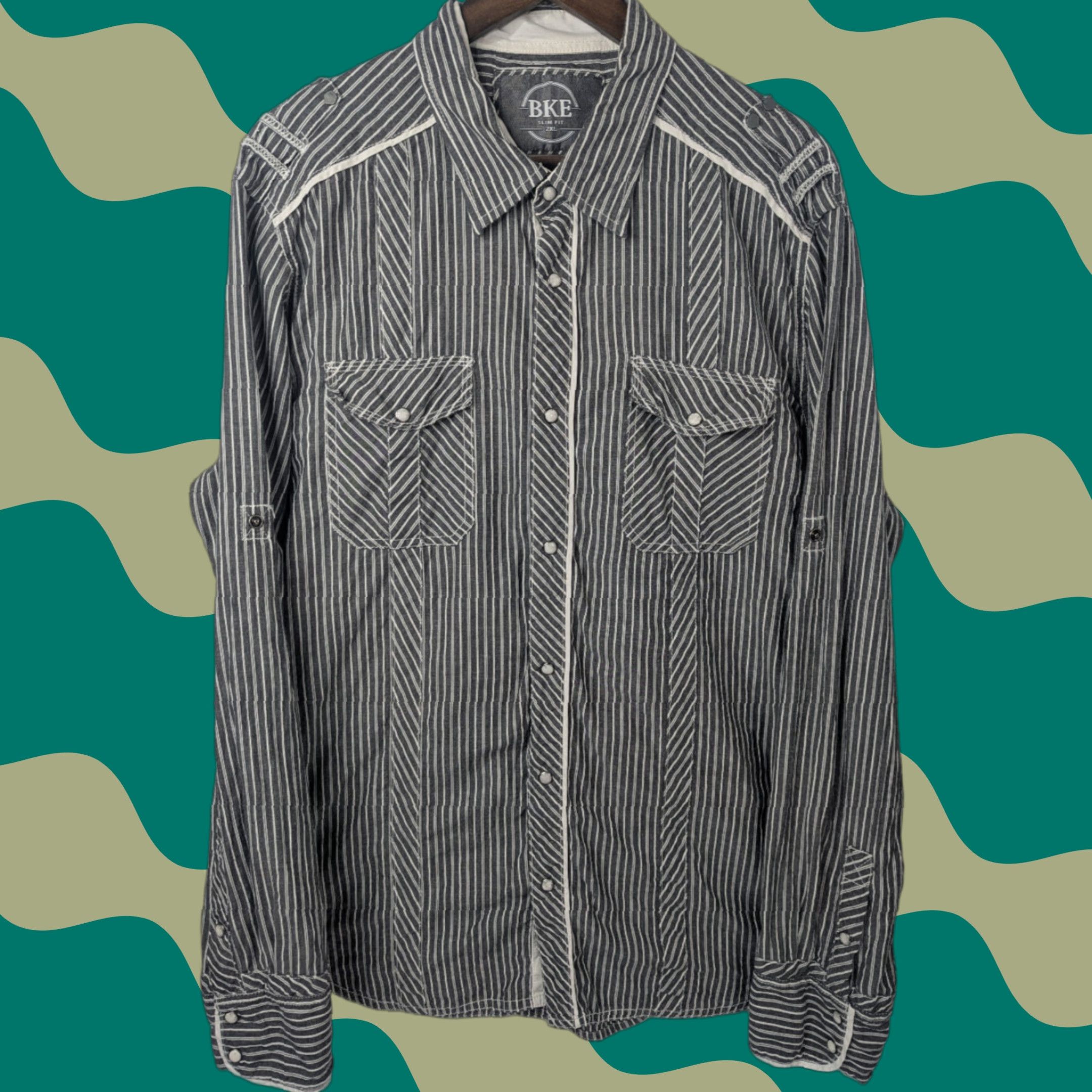 BKE BKE Gray White Stripe Slim Fit Pearl Snap Western Long Sleeve Shirt Size 2XL Men Size US XXL / EU 58 / 5 - 1 Thumbnail