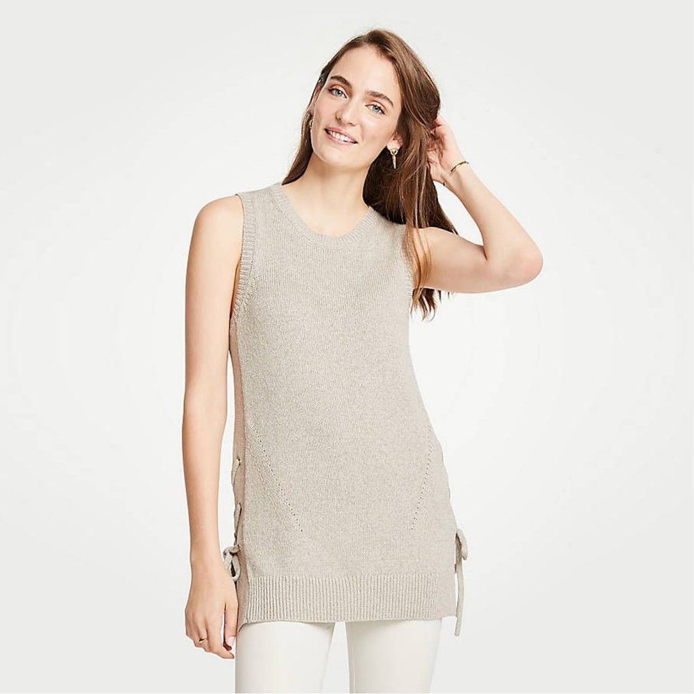 Ann Taylor Ann Taylor Side Tie Sleeveless Beige Cotton Blend Sweater T Size L / US 10 / IT 46 - 1 Thumbnail