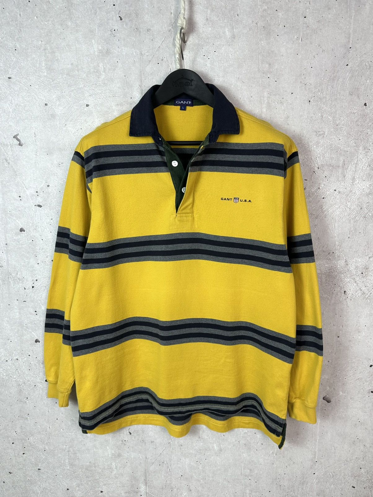 Gant Vintage Gant USA Yellow Stripped Cotton Long Sleeve Polo Size US L / EU 52-54 / 3 - 1 Thumbnail
