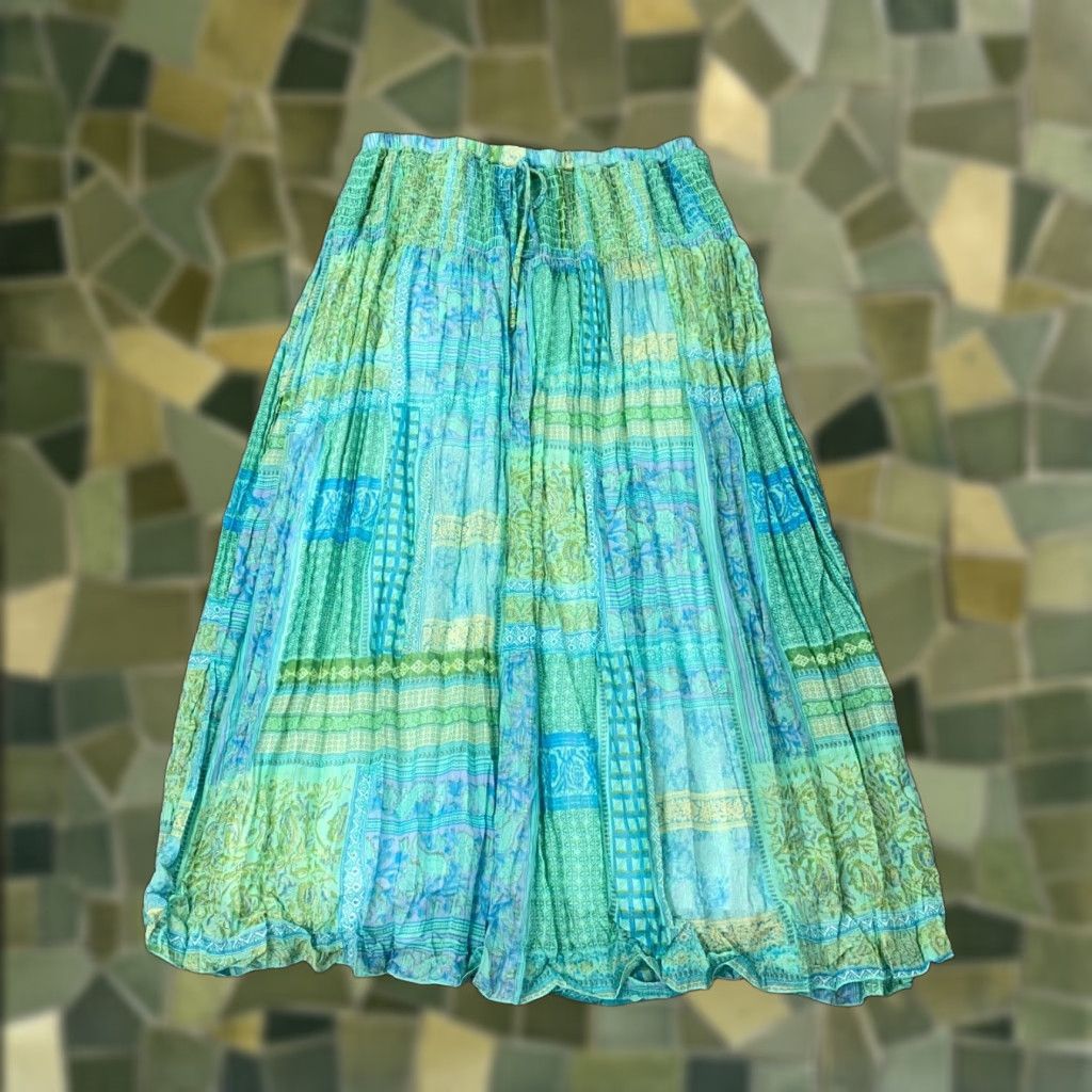 Vintage VINTAGE David Dart Women's Midi Skirt Bohemian A-Line Silk Cotton Lurex Blue 1X Size 40" / US 18 - 1 Thumbnail
