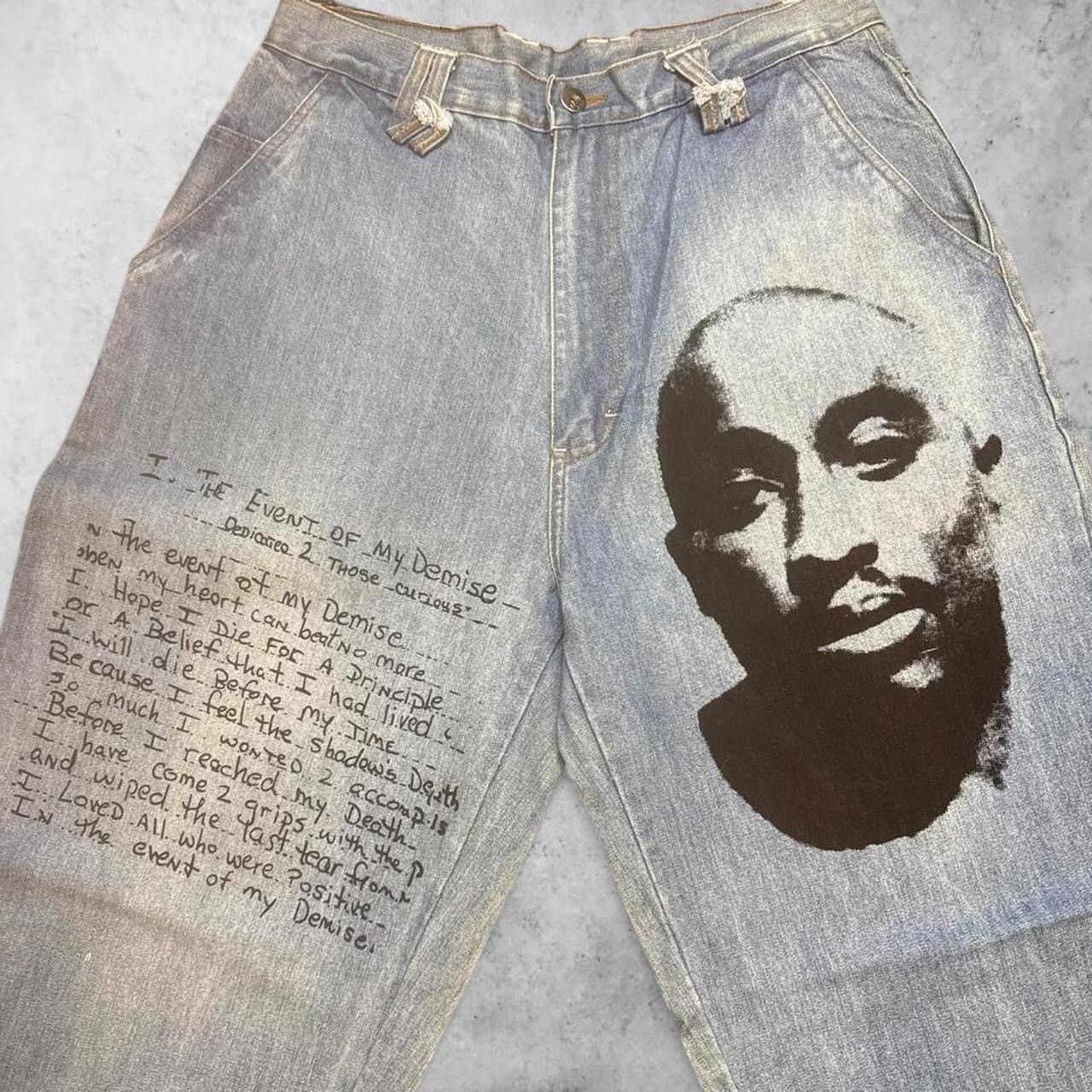 Makaveli VTG Makaveli Tupac 2Pac 90s Hip Hop Wide Leg Denim Poem Size US 33 - 3 Thumbnail