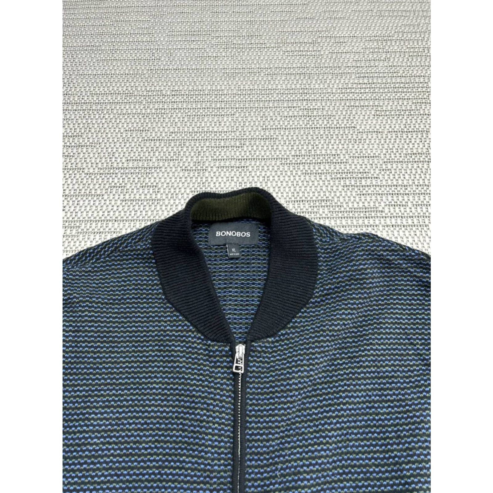 Bonobos Bonobos Bomber Jacket Mens XL Blue Full Zip Striped Knit Cotton Cashmere Jacket Size US XL / EU 56 / 4 - 3 Thumbnail