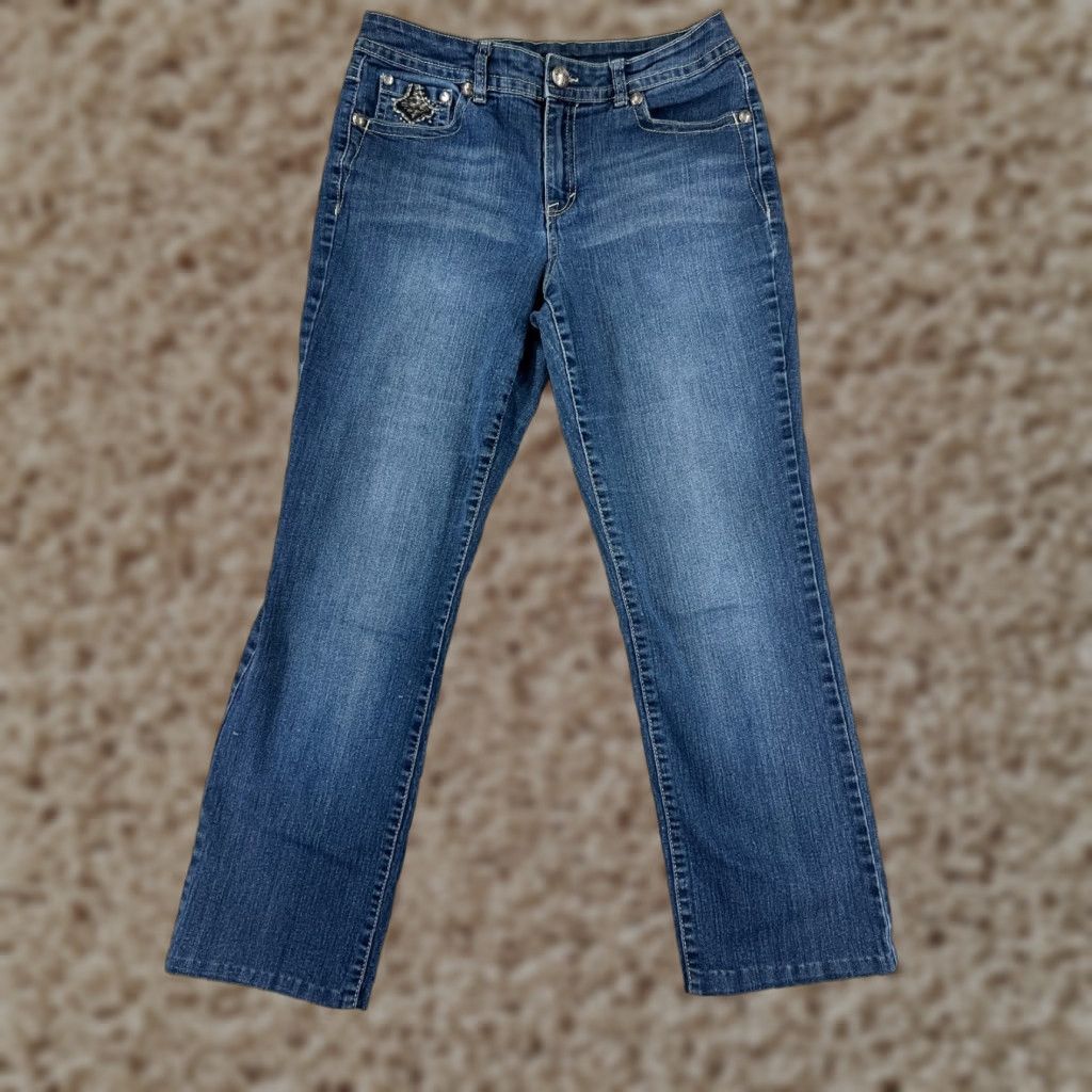 Vintage Style&co. Jeans Womens 8 Blue Denim Straight Leg 5-Pocket Design Bling Embroidered Logo Medium Wash Fall X-Options Mens? Size 30" / US 8 / IT 44 - 1 Thumbnail
